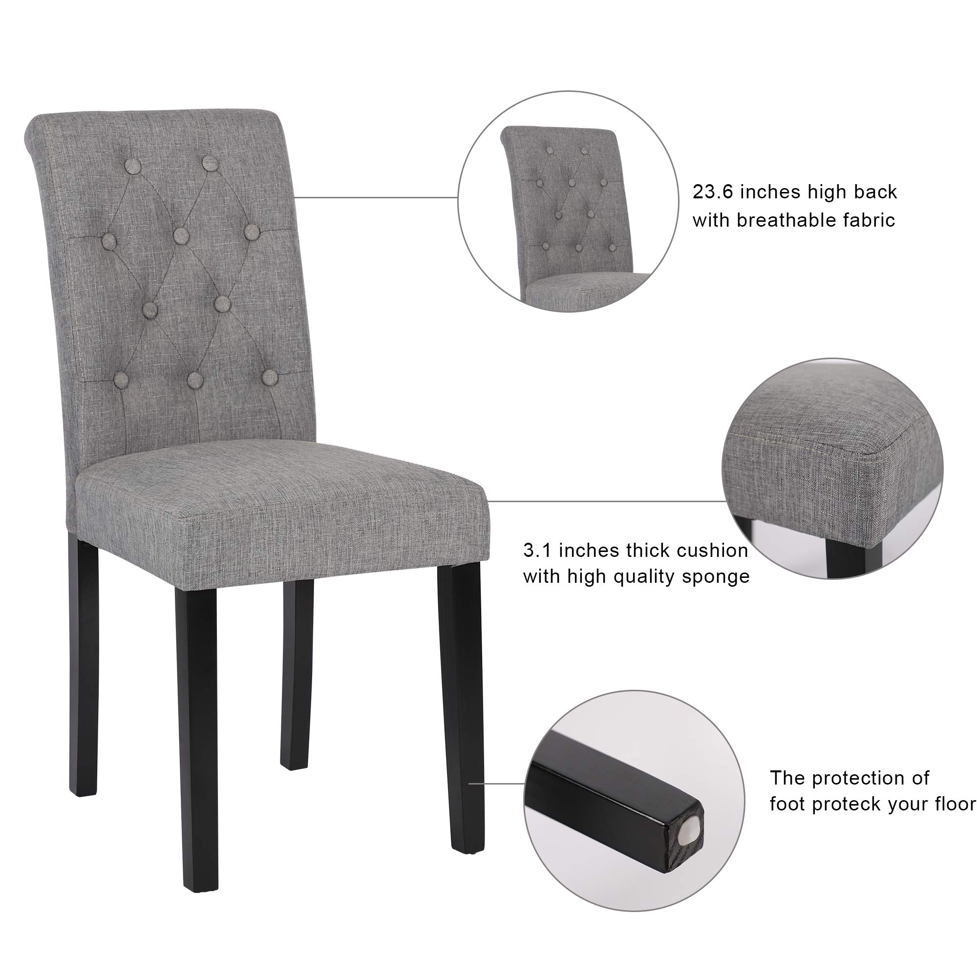 DAGONHIL 4-Piece Dining Chair Set - Button Tufted Upholstered Kitchen Chairs with Solid Black Wood Legs, Gray - Perfect for Dining Room, Breakfast Nook, and Small Space Decor