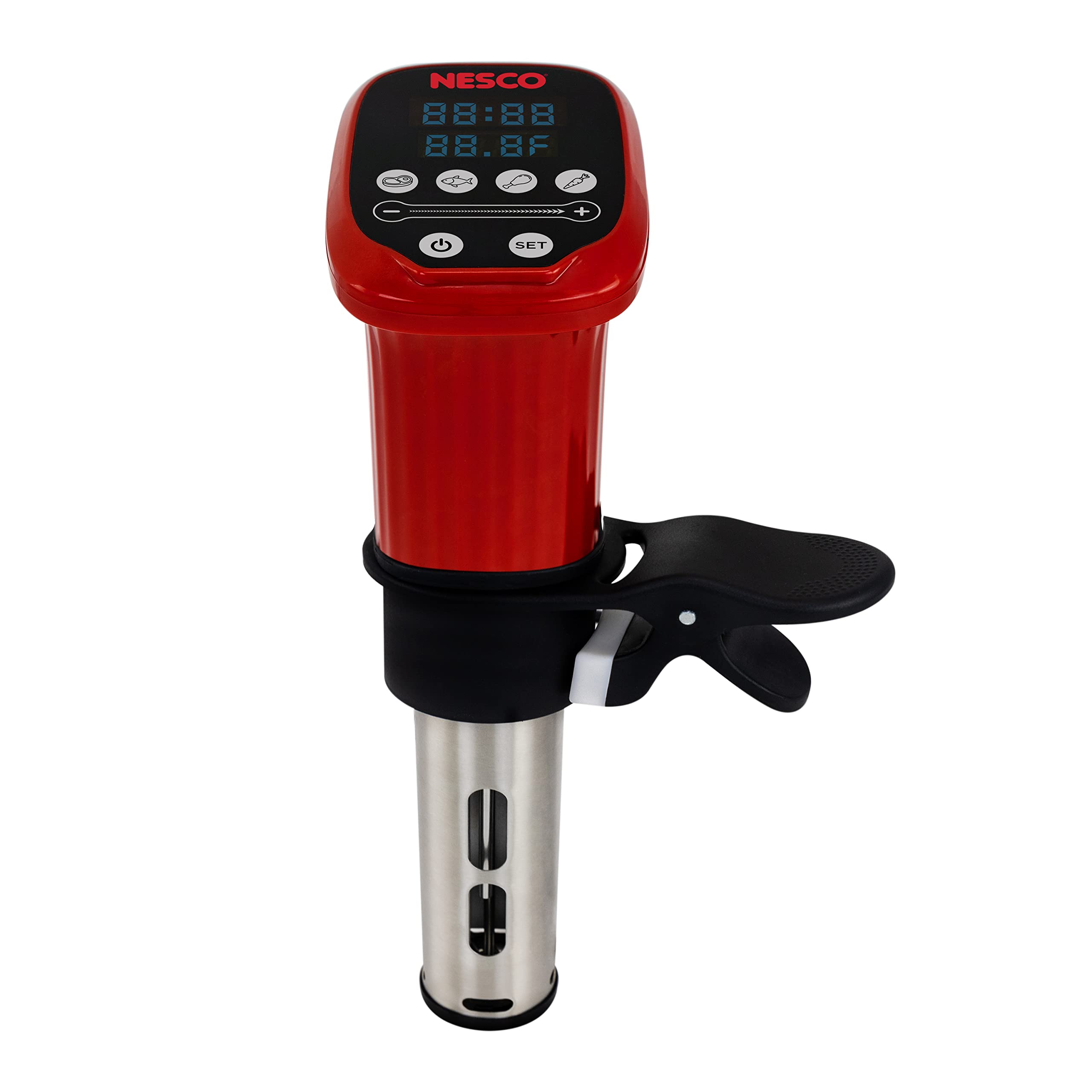 Nesco SVC-1000 Sous Vide Precision Cooker - 1000W Digital Immersion Circulator with LED Display & 10 Preset Programs for Perfect Steak, Salmon, Chicken Breast & Vegetables (Red & Black) - Ideal for Home Chefs, Meal Prep & Restaurant-Style Cooking