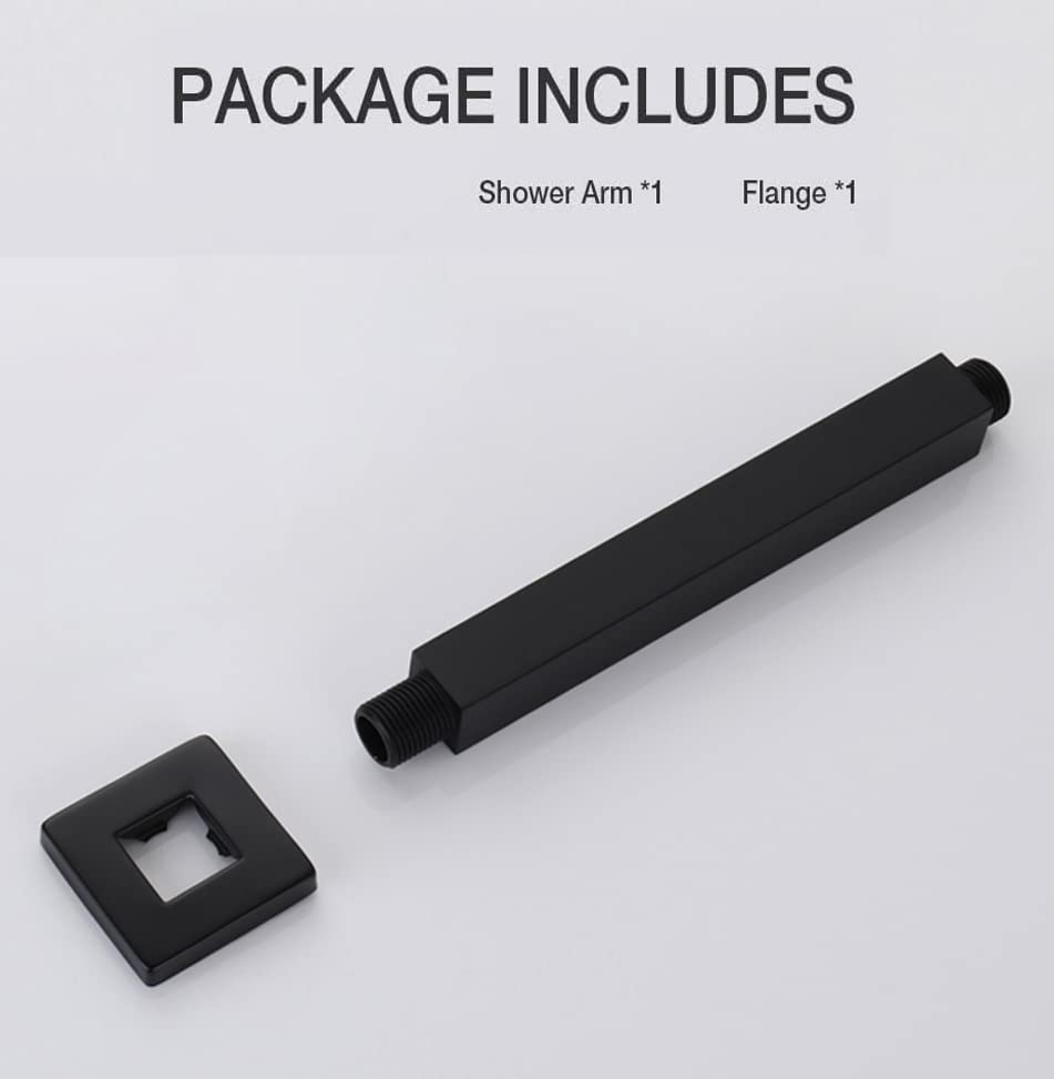8 Inch Square Shower Arm with Flange - Matte Black Ceiling Mount Shower Extension (1/2 NPT) for Rainfall Shower Heads - Perfect for Modern Bathrooms & Spa-Like Showers