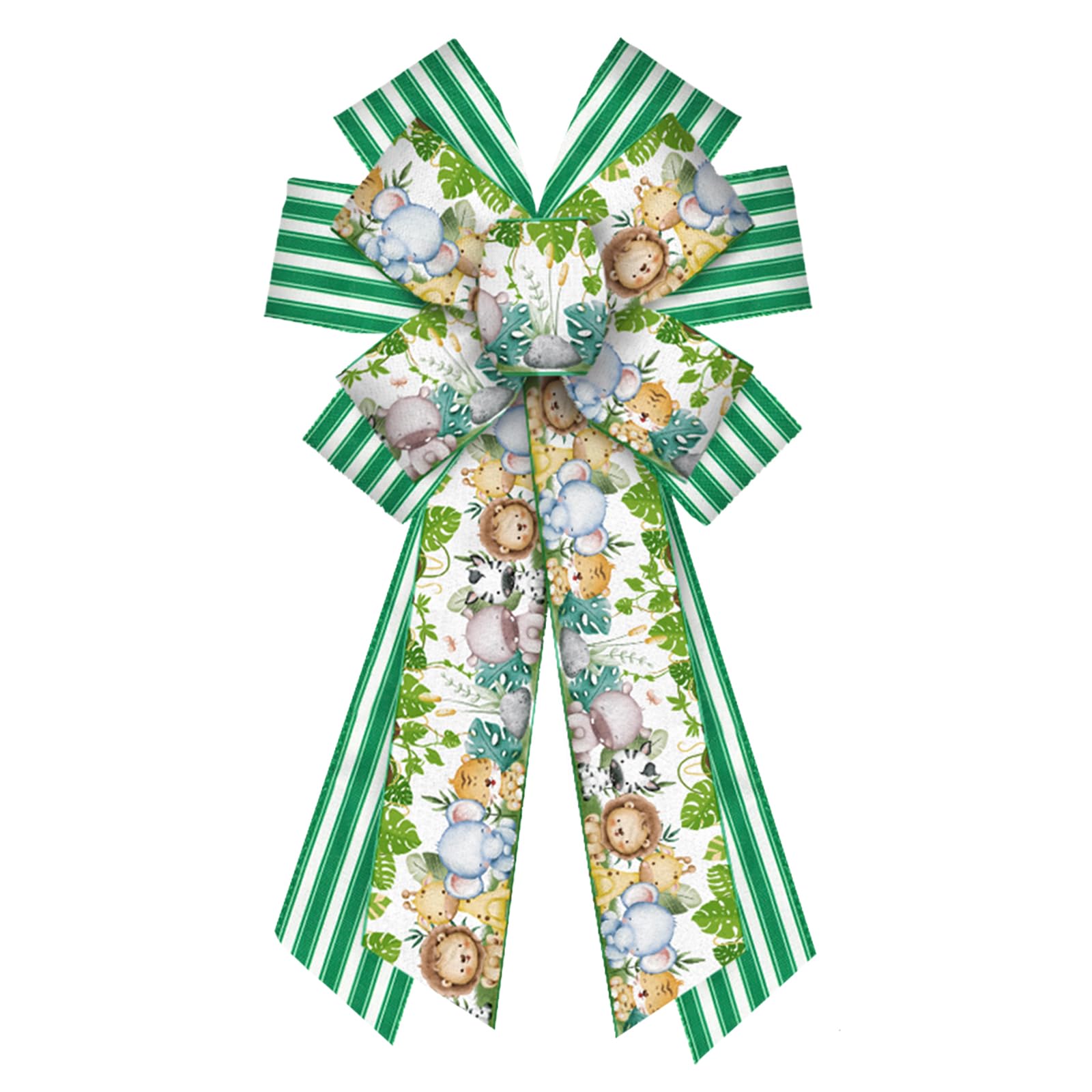 Large Woodland Animal Wreath Bows - Green Stripe Burlap Ribbon Bows for Jungle Themed Baby Shower Decorations | Indoor Outdoor Wreath Ornament Supplies for Party, Nursery, and Seasonal Home Decor