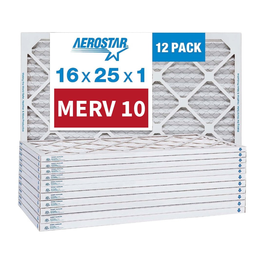 Aerostar 16x25x1 MERV 10 Pleated Furnace Air Filters (12-Pack) - Perfect for HVAC Systems, Home Air Purification & Allergy Relief