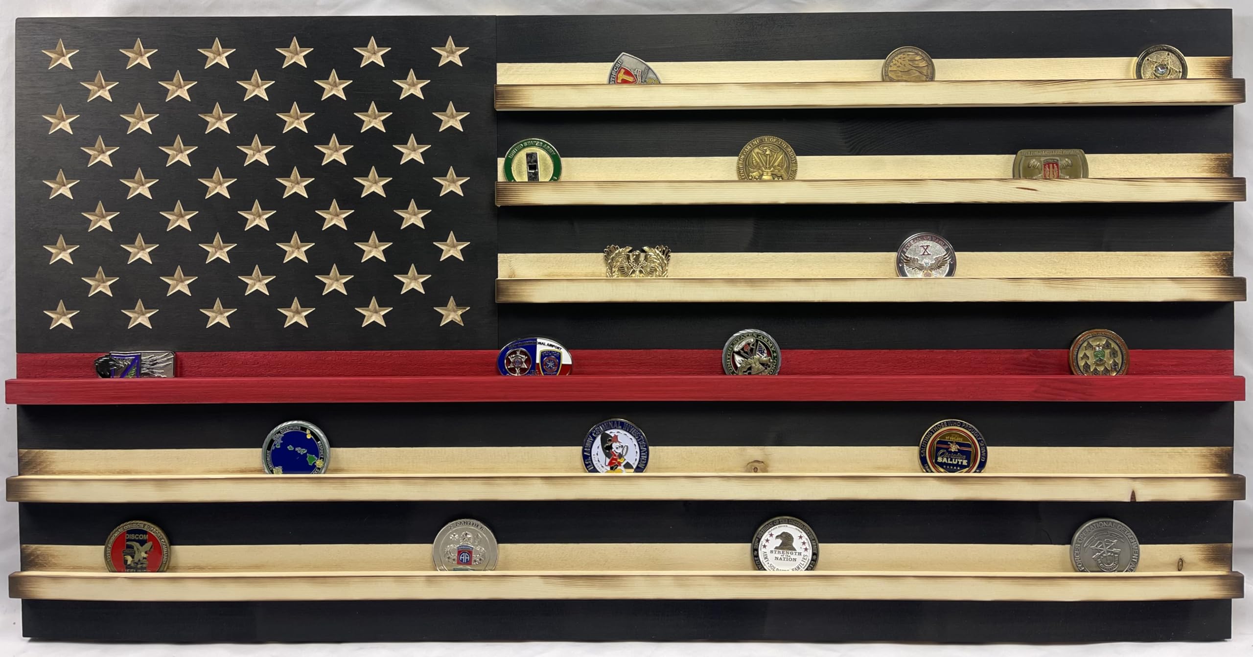 Extra Large Black and White Rustic American Flag Coin Display with Thin Red Line - Patriotic Home Decor for Wall, Office, or Man Cave