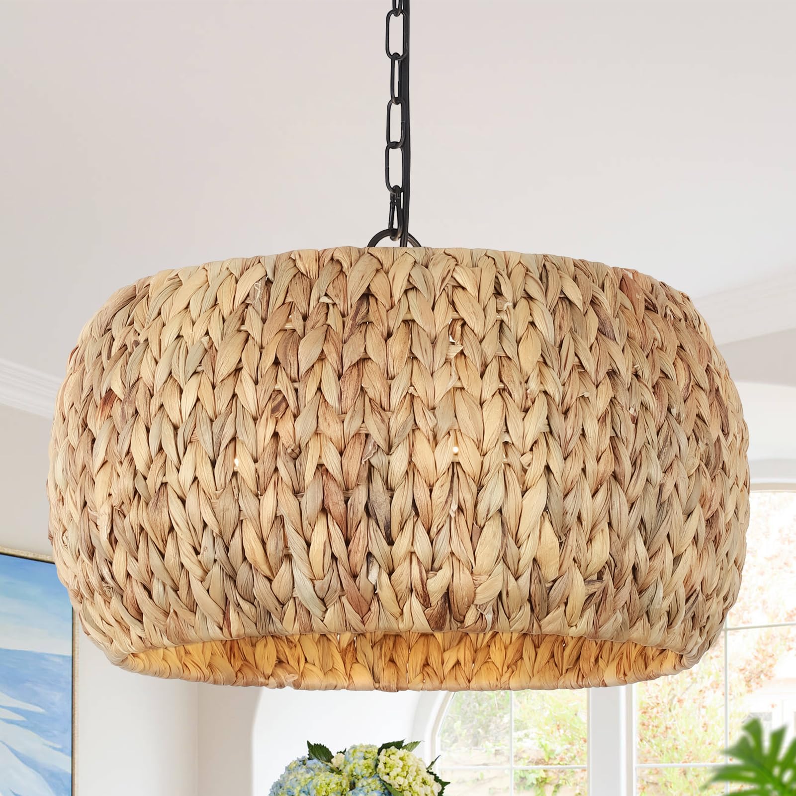 Rustic Farmhouse Boho Chandelier - 5-Light Rattan Pendant Light with Natural Water Hyacinth Lampshade - Perfect for Dining Room, Kitchen Island Lighting, Bedroom & Living Room Decor - Creates Cozy Boho Ambiance for Home & Cafe