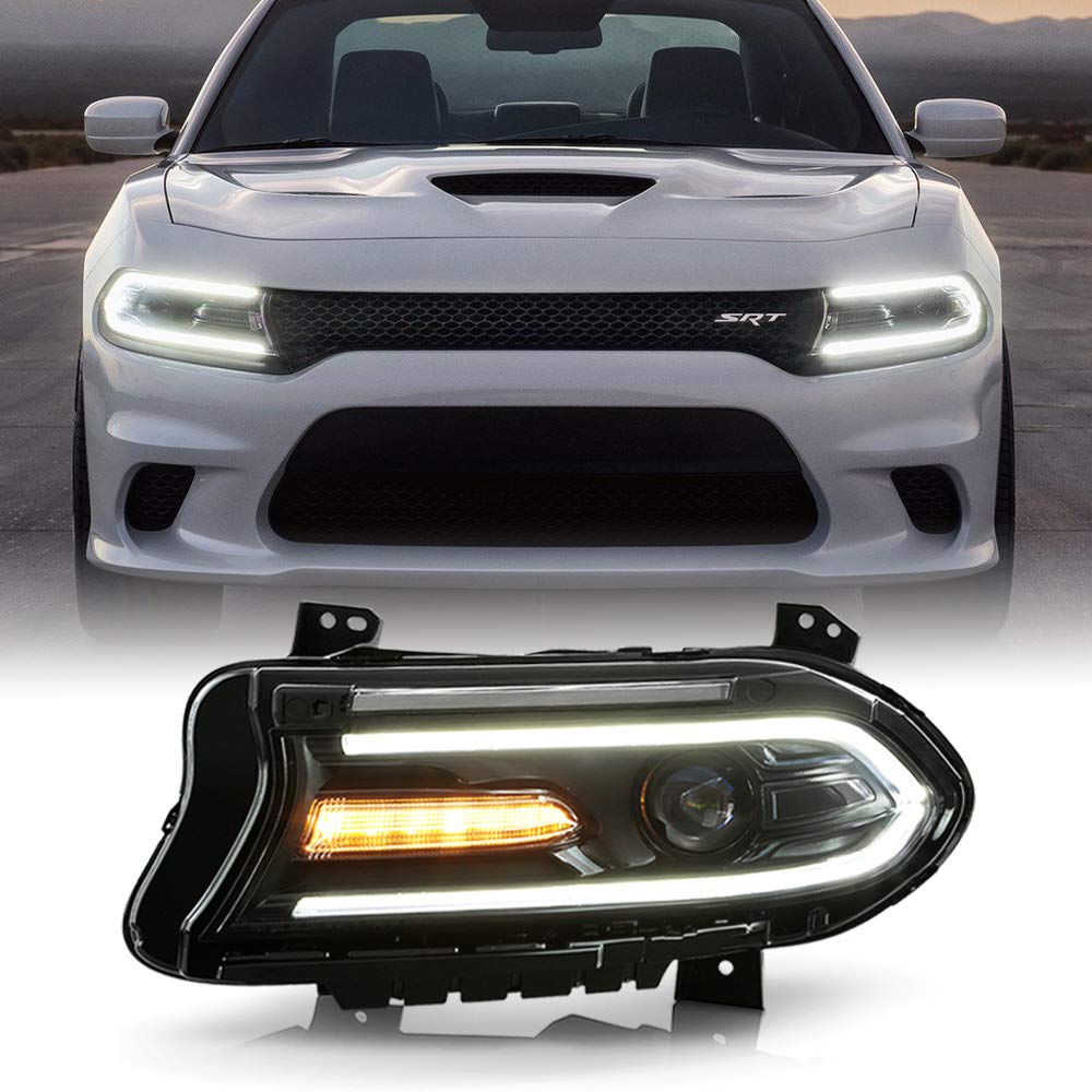 ACANII LED DRL Tube Projector Headlight for 2015-2022 Dodge Charger - Driver Side (Halogen Model, No Logo) | Upgrade Your Ride with Bright, Energy-Efficient Lighting for Night Driving & Enhanced Visibility
