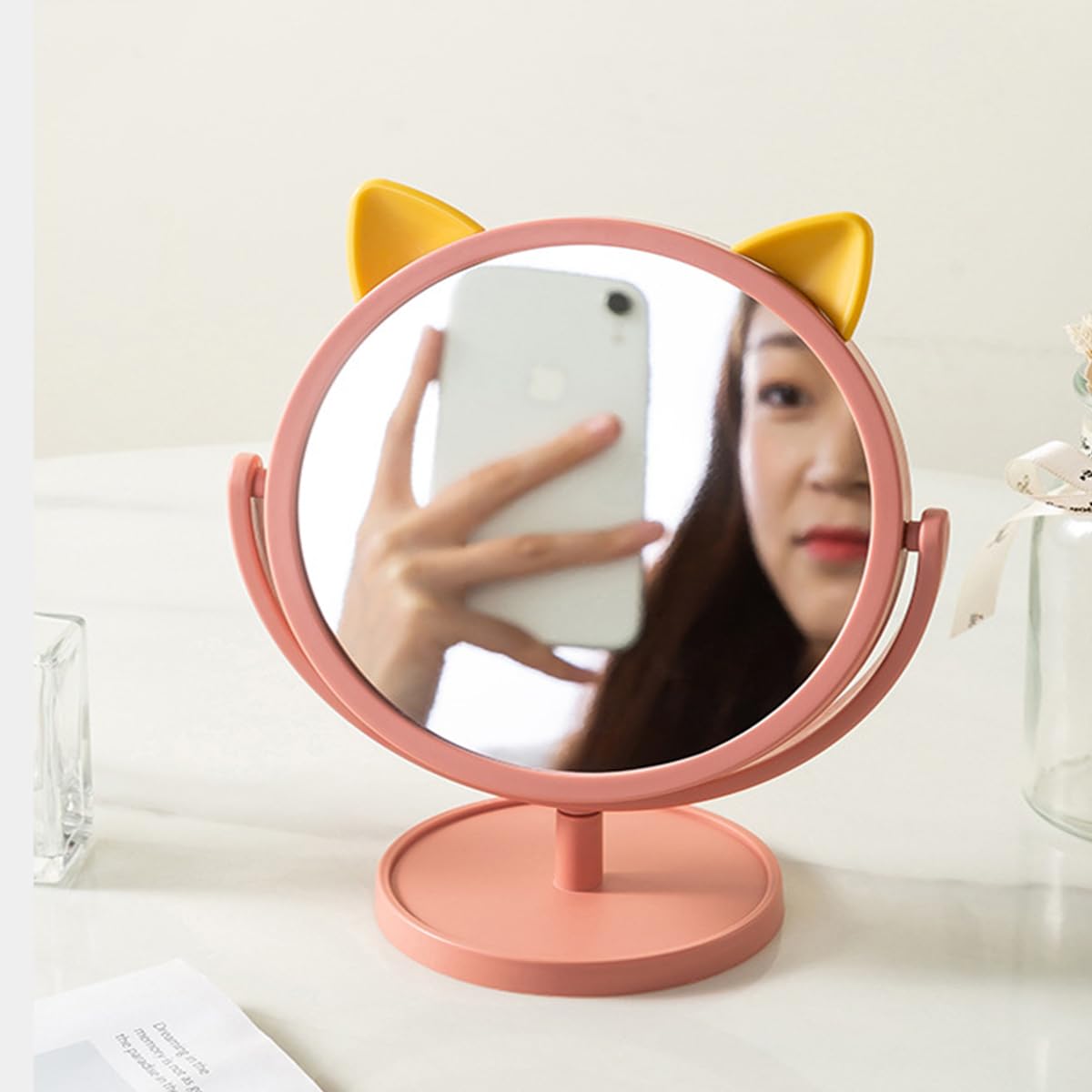 Leeonz Round Vanity Makeup Mirror with Stand - Wall Mount or Desktop Plastic Mirror with Cute Rabbit Ears (Pink & Yellow) for Bathroom, Bedroom, Dorm Room Decor