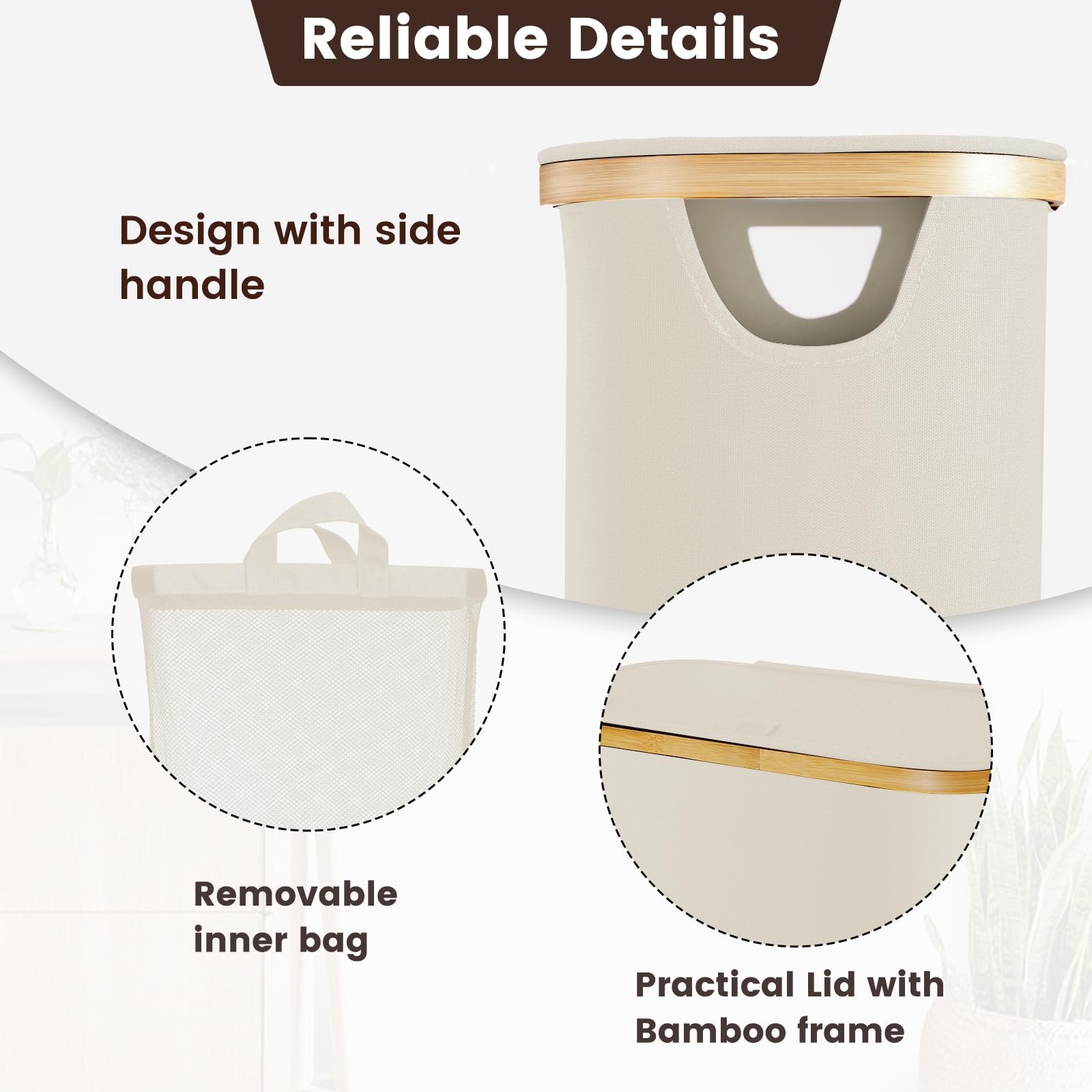 65L Slim Laundry Hamper with Lid & Removable Bag - Collapsible Dirty Clothes Basket with Bamboo Handles - Space Saving Narrow Hamper for Small Spaces - Perfect for Bedroom, Bathroom, Laundry Room & Dorm Organization