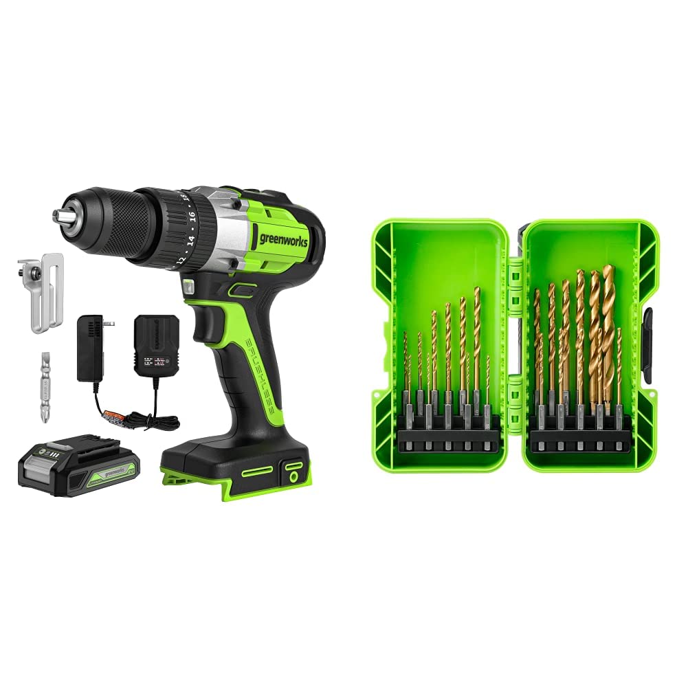 Greenworks 24V Cordless Hammer Drill with 4.0Ah Lithium-Ion Battery & 22-Piece Titanium Drill Bit Set - Perfect for DIY Home Projects, Woodworking, and Metal Drilling