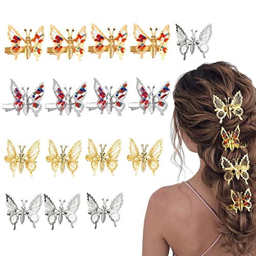 16Pcs 3D Moving Butterfly Hair Clips - Gold Metal Cute Hair Claw Clips for Women & Girls, Elegant Personality Hair Accessories | Perfect for Parties, Weddings, Daily Wear & Gift Giving