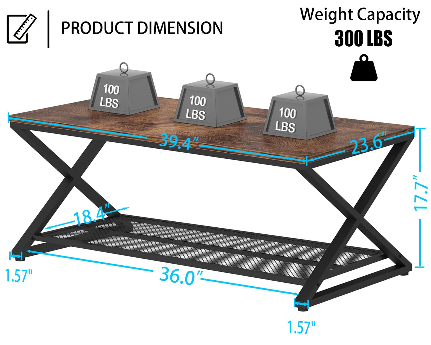 LVB Rustic Coffee Table - 39 Inch Industrial Metal & Wood 2-Tier Cocktail Table with Storage Shelf | Farmhouse Style Rectangle Center Table for Living Room, Office & Bedroom | Rustic Brown Finish | Perfect for Small Spaces, Home Decor & Entertaining Guests