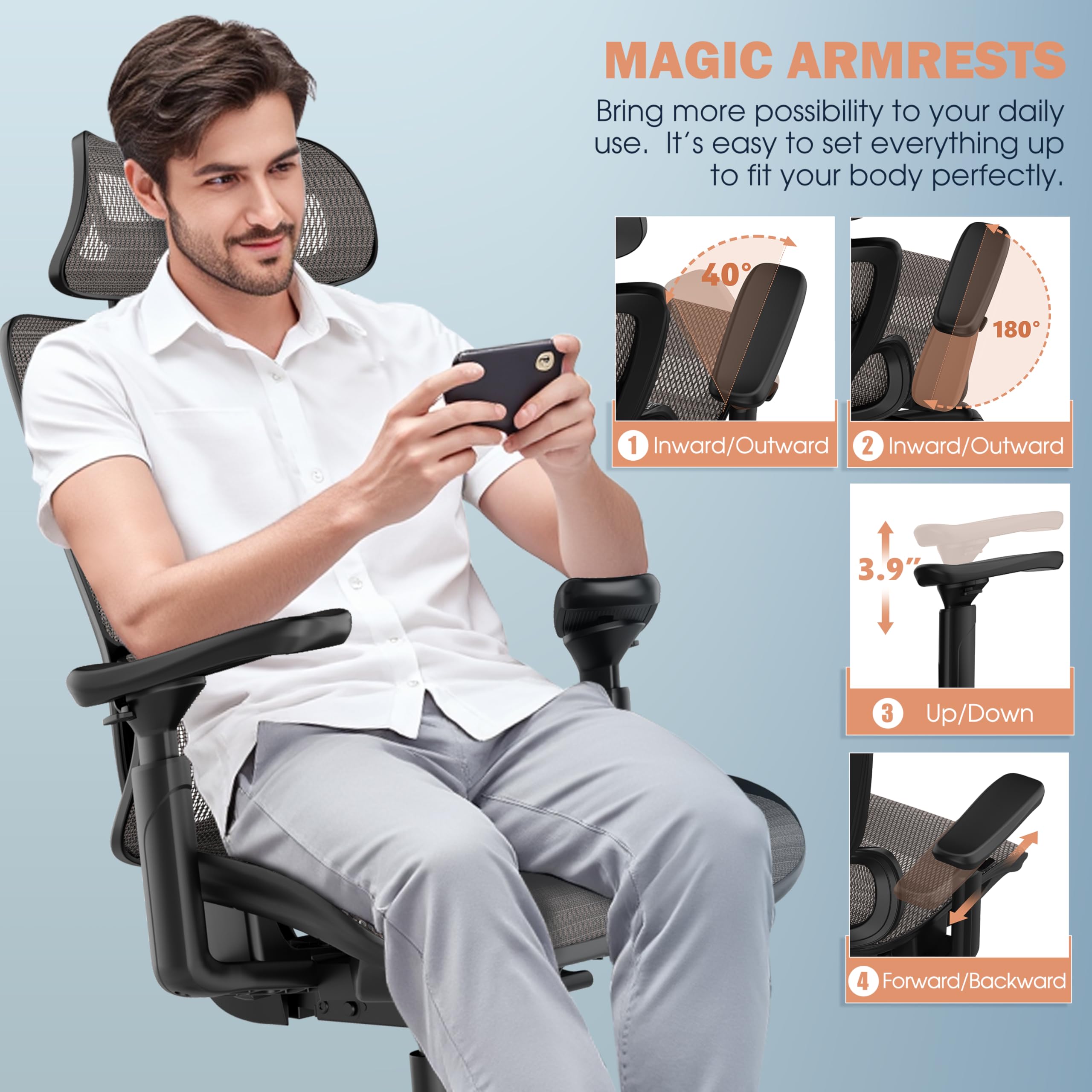 T11 Ergonomic Office Chair - High Back Desk Chair with Adjustable Lumbar Support, Magic Armrests & Wide Headrest - Comfortable Executive Mesh Chair for Home Office - Perfect for Long Work Hours & Gaming Sessions