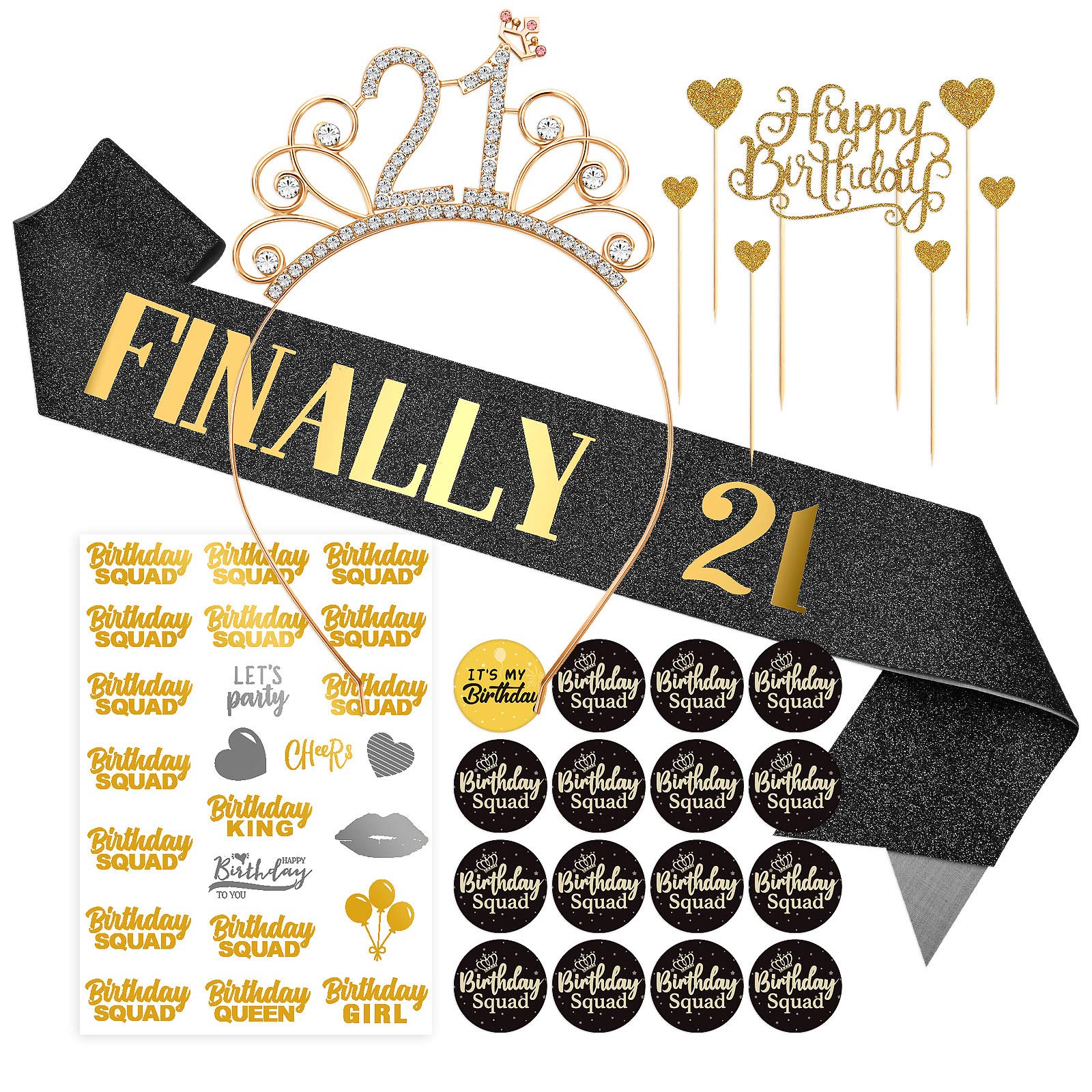 Elegant Black Birthday Sash & Tiara Set for Women - Sparkling Crown Headband with Birthday Buttons & Pins - Perfect Gift for Girls Birthday Party, Bachelorette, Bridal Shower & Special Celebrations