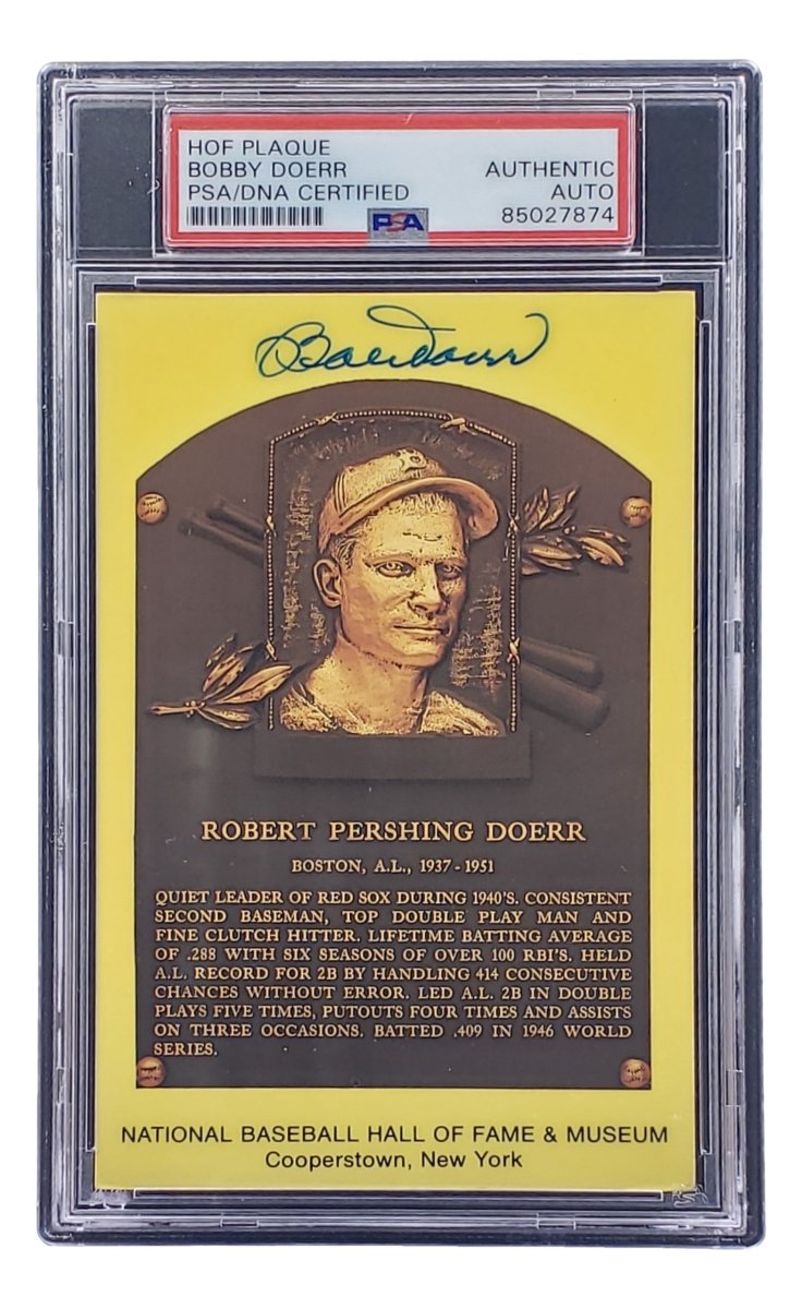Bobby Doerr Autographed 4x6 Boston Red Sox Hall of Fame Plaque Card with PSA/DNA Certification #85027874 - Perfect for Baseball Memorabilia Collectors and Red Sox Fans Display