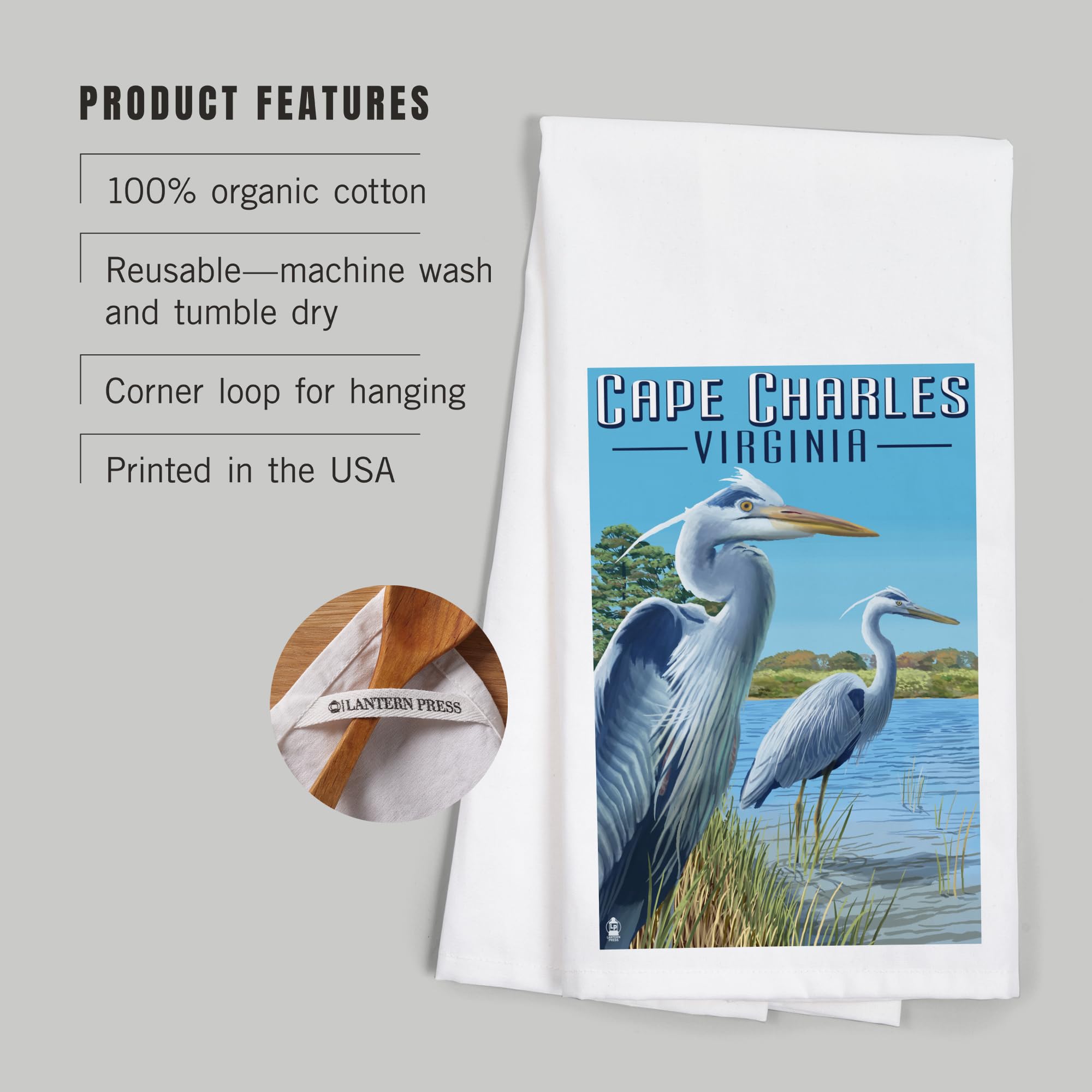 Lantern Press Cape Charles Virginia Blue Heron Tea Towel - 100% Cotton Decorative Hand Towel for Kitchen & Home - Perfect for Dish Drying, Gift Giving & Coastal Decor