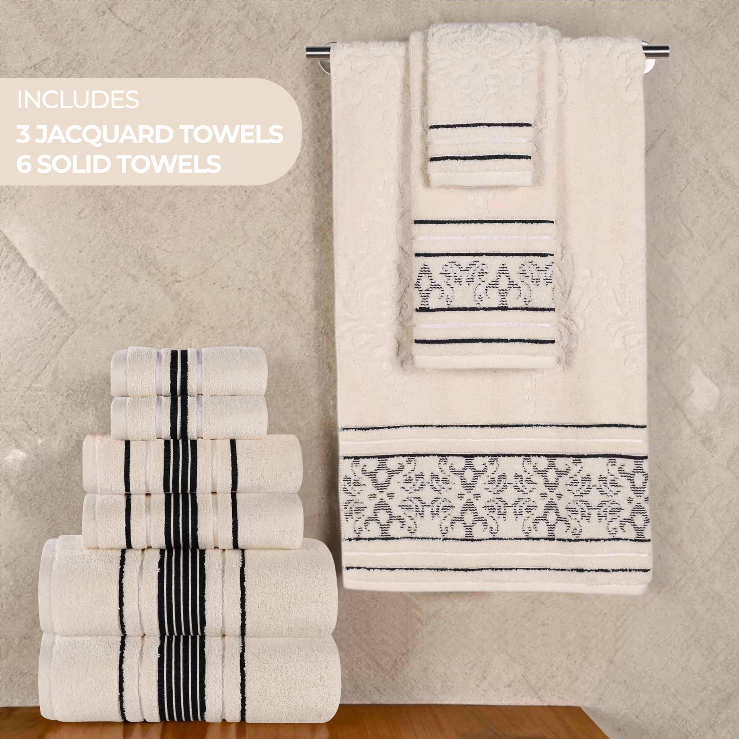 Premium 9-Piece Sadie Zero Twist Cotton Towel Set - Solid & Jacquard Floral Design | Ultra Soft & Absorbent Bath Towels, Hand Towels & Washcloths | Perfect for Spa, Bathroom & Luxury Home Decor