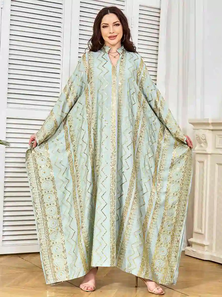 Elegant Eid Sequins Embroidered Batwing Sleeve Farasha Kaftan Dress for Women - Perfect for Eid Celebrations, Parties, and Special Occasions