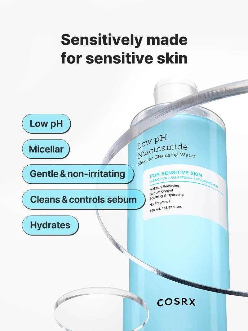 COSRX Low pH Niacinamide Micellar Cleansing Water 400ml - Gentle Face Cleanser for Sensitive Skin, Makeup Remover & Pore Refiner - Perfect for Daily Skincare Routine & Travel