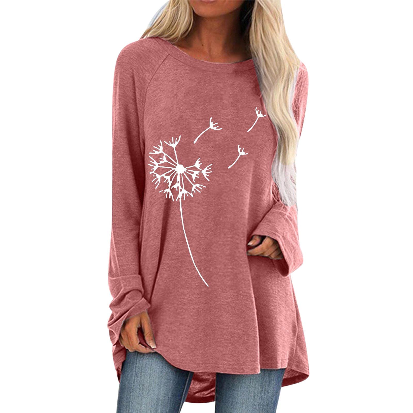 Women's Long Sleeve T-Shirt - Casual Crew Neck Raglan Top with Dandelion Print | Perfect for Everyday Wear, Layering & Fall Fashion