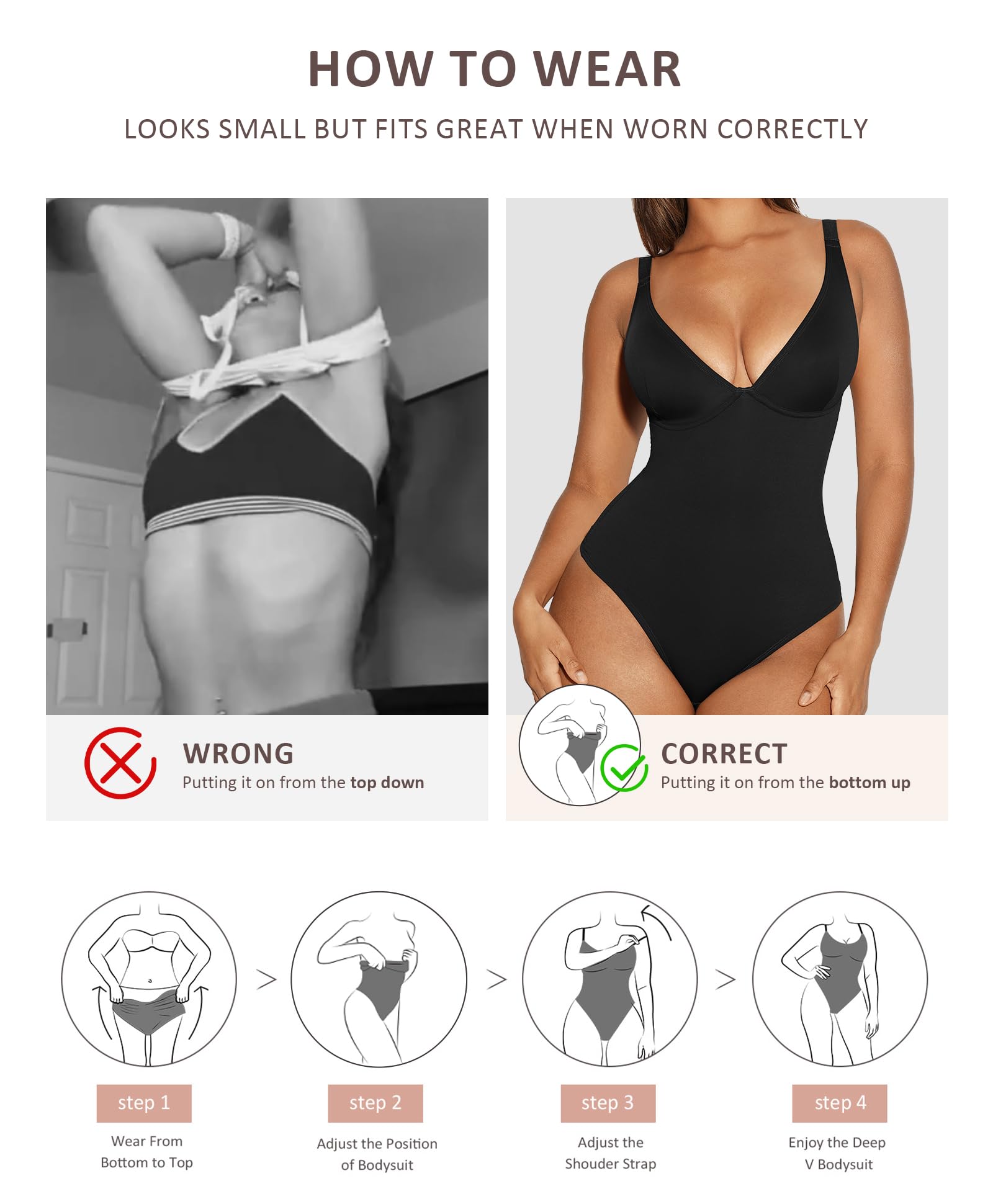 FeelinGirl Women's Tummy Control Shapewear Bodysuit - Deep V Neck Thong Body Shaper for Slimming & Smoothing | Perfect for Dresses, Workout & Everyday Wear