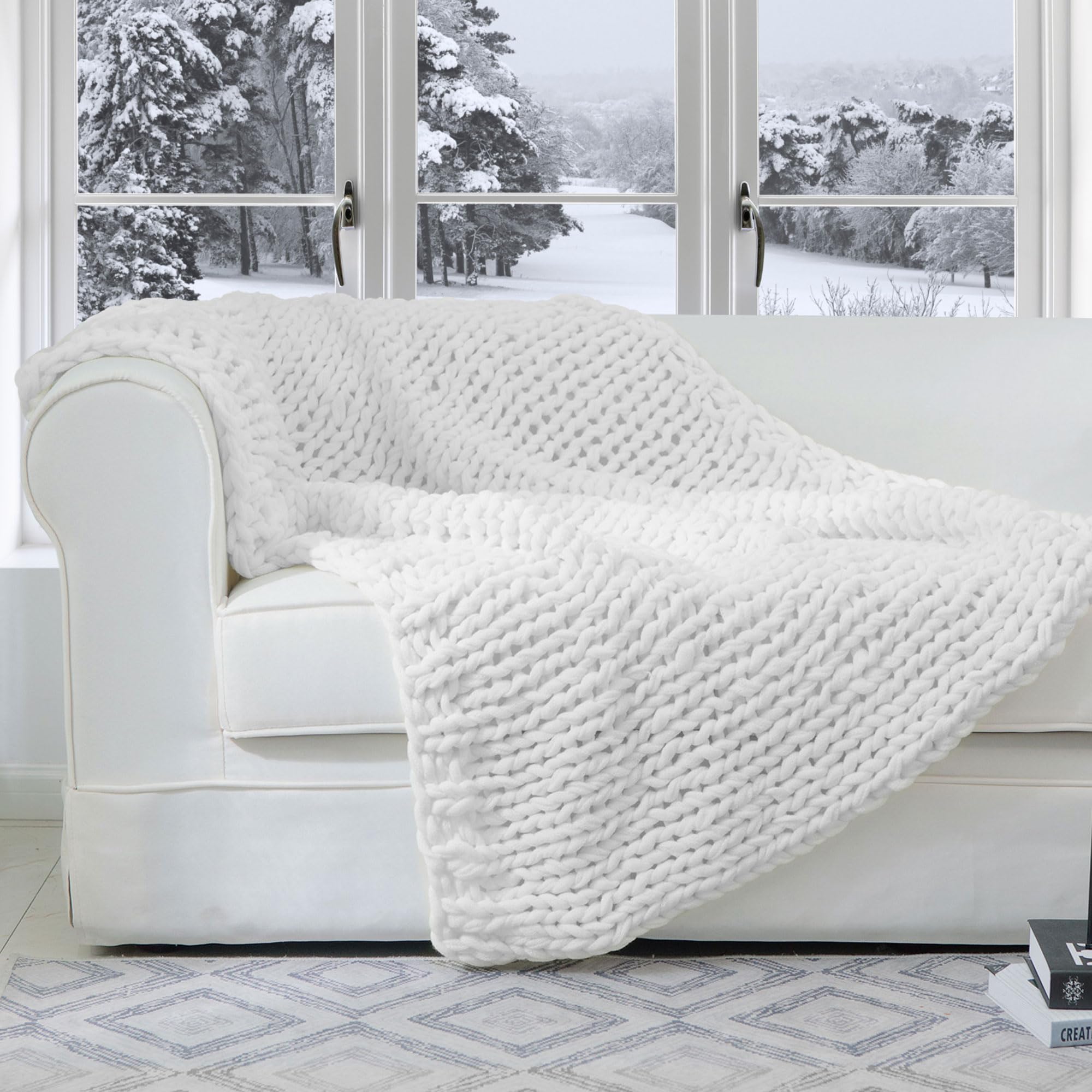 Cheer Collection Chunky Knit Blanket - Ultra Soft Oversized 50x60 Inch Knitted Throw Blanket for Bed, Couch & Sofa | Cozy Machine Washable Blanket for Winter, Home Decor, Gift Giving & Relaxation - White