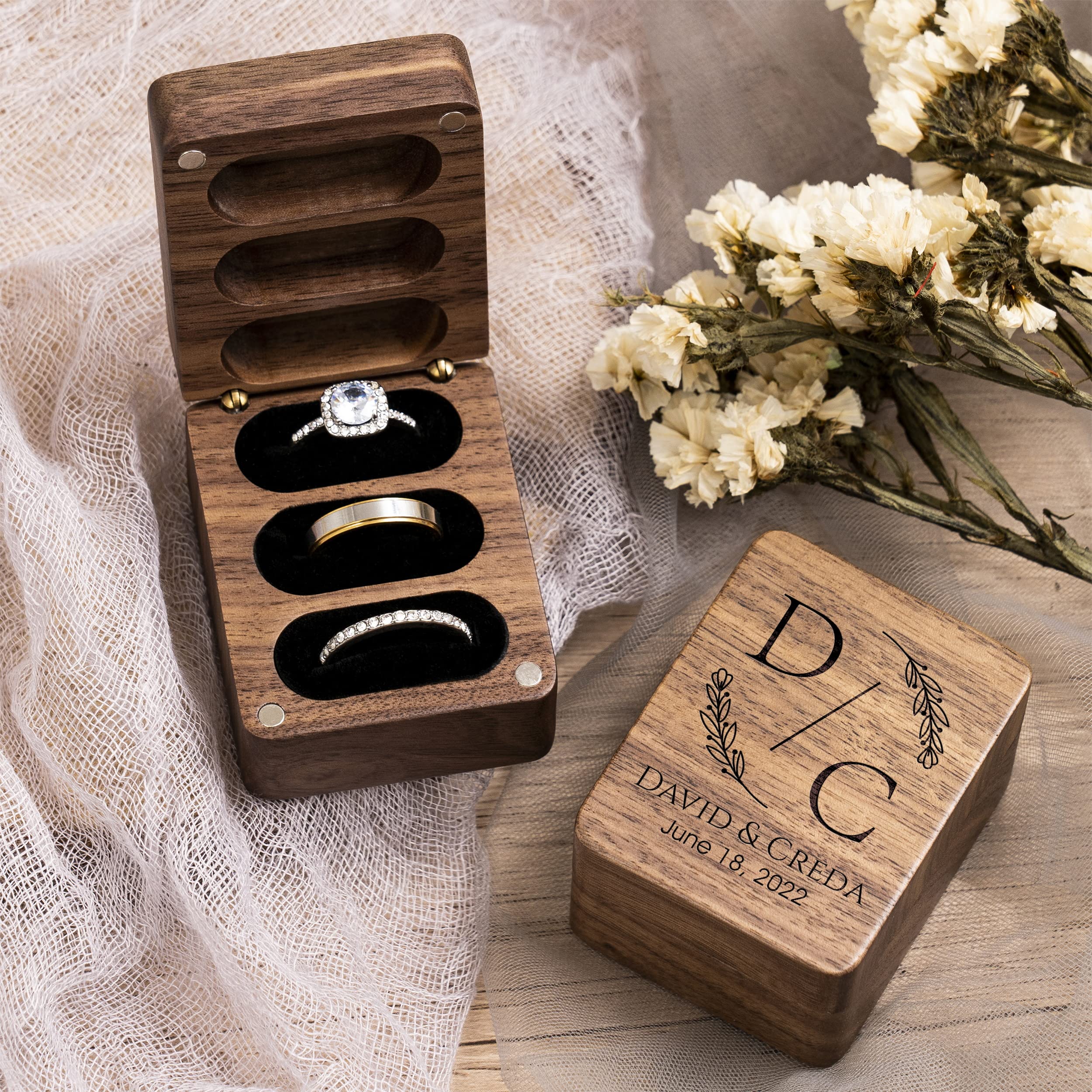 Personalized Square Wooden Ring Box for 3 Rings - Wedding Proposal, Engagement Ceremony & Ring Bearer Gift - Perfect for Romantic Moments, Anniversary Surprises & Jewelry Storage