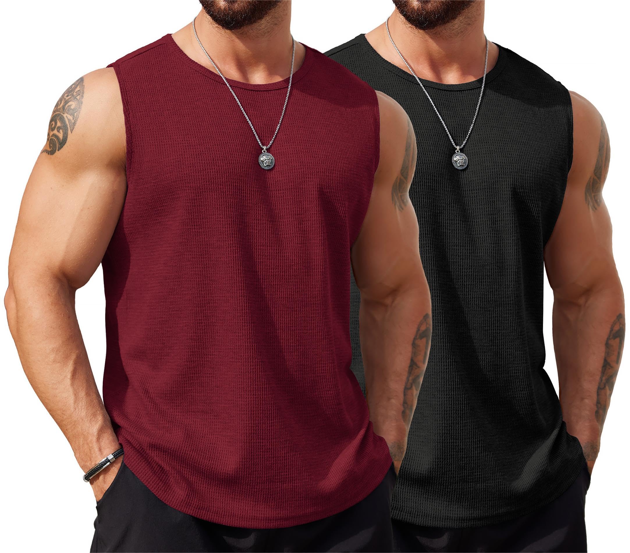 COOFANDY Men's Sleeveless Workout Tank Tops - 2 Pack Breathable Waffle Knit Muscle Tee Shirts for Gym, Running & Casual Wear | Moisture-Wicking Athletic Shirts for Men