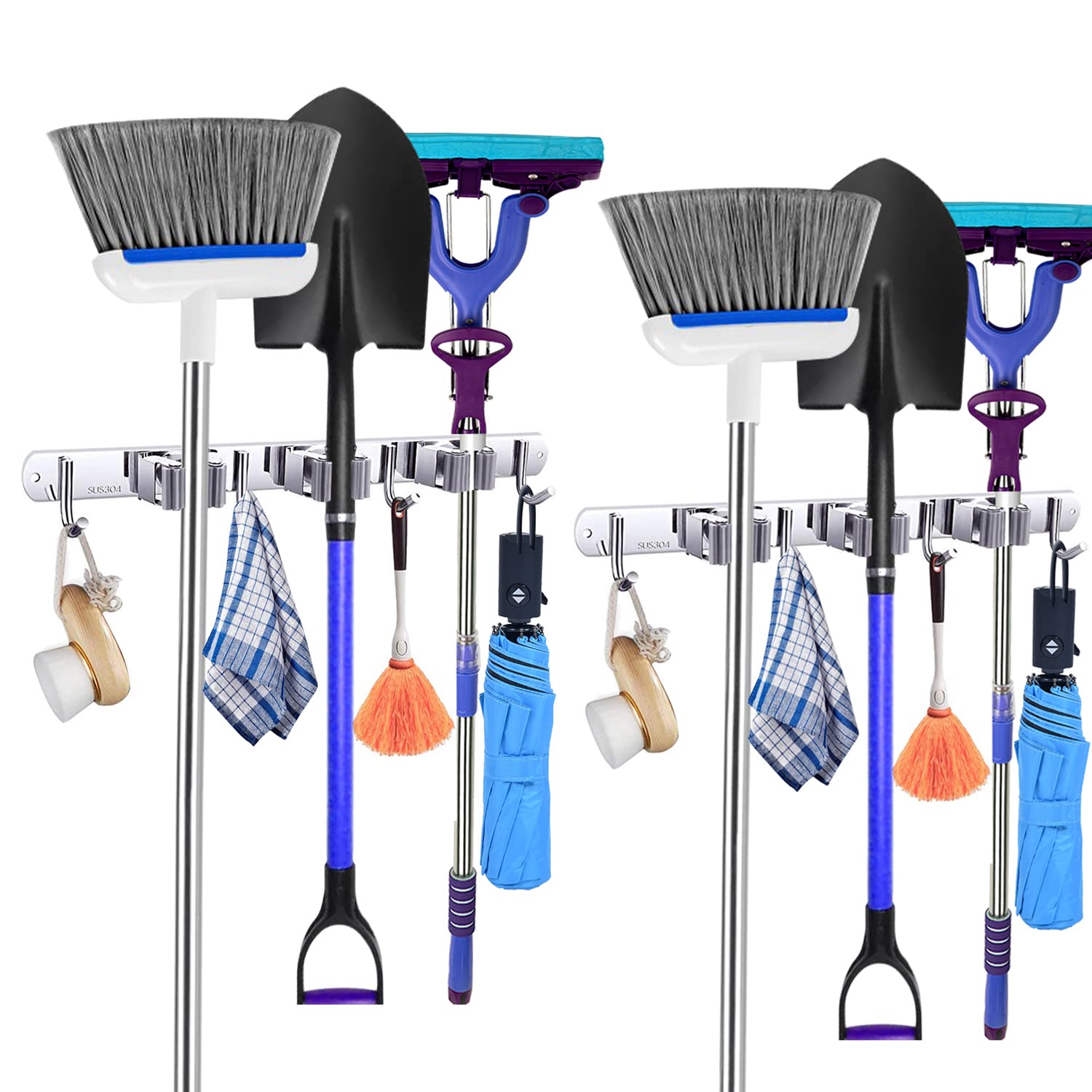 2 Pack Heavy Duty Stainless Steel Broom Holder Wall Mount - 3 Racks & 4 Hooks Garage Organizer, Self-Adhesive Tool Storage for Home, Kitchen, Laundry Room, Garden - Perfect for Organizing Brooms, Mops, and Cleaning Supplies