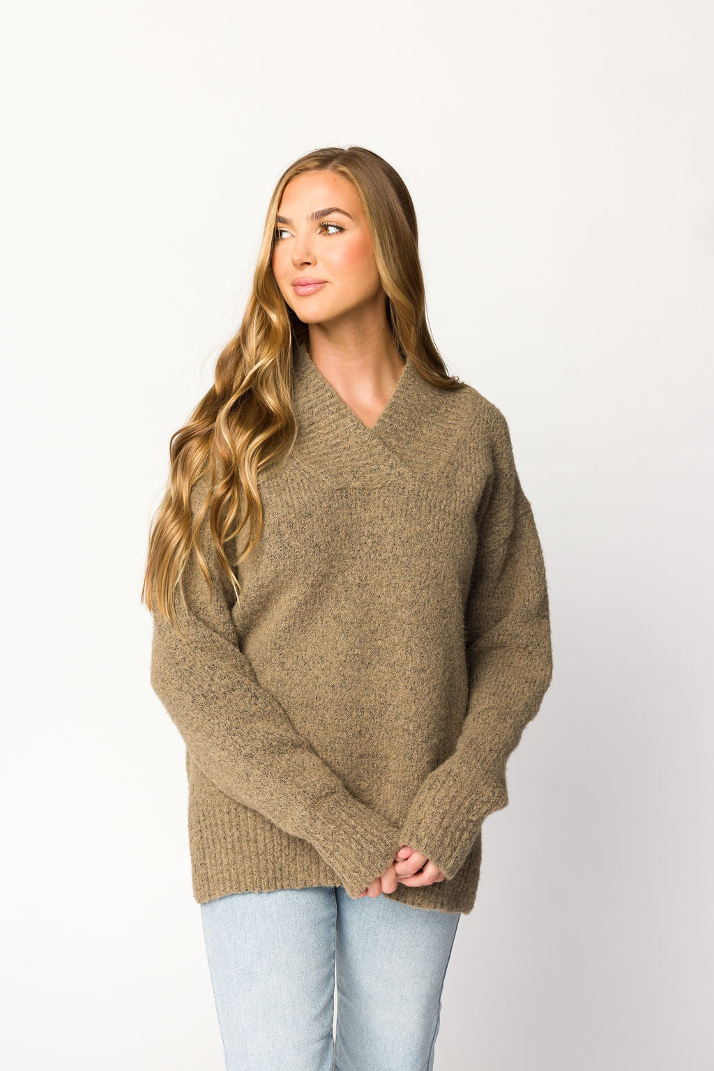 Jordan Women's V-Neck Slouchy Soft Knit Sweater in Taupe - Cozy Casual Pullover for Fall & Winter Outfits