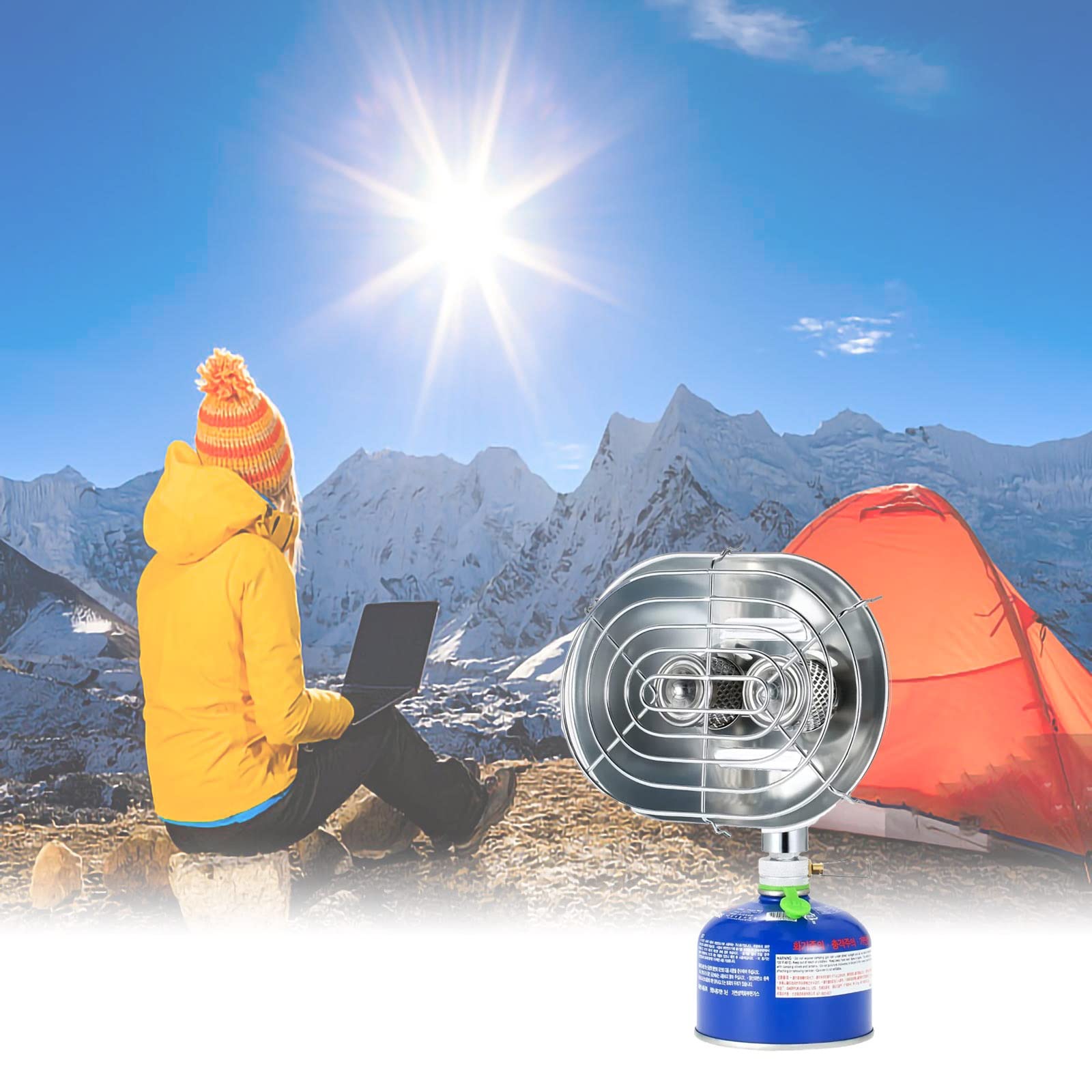 Portable Double Burner Gas Heater Stove - Infrared Ray Mini Heater for Camping, Patio, Outdoor Fishing & Backyard BBQ - Silver Color Outdoor Heating Solution