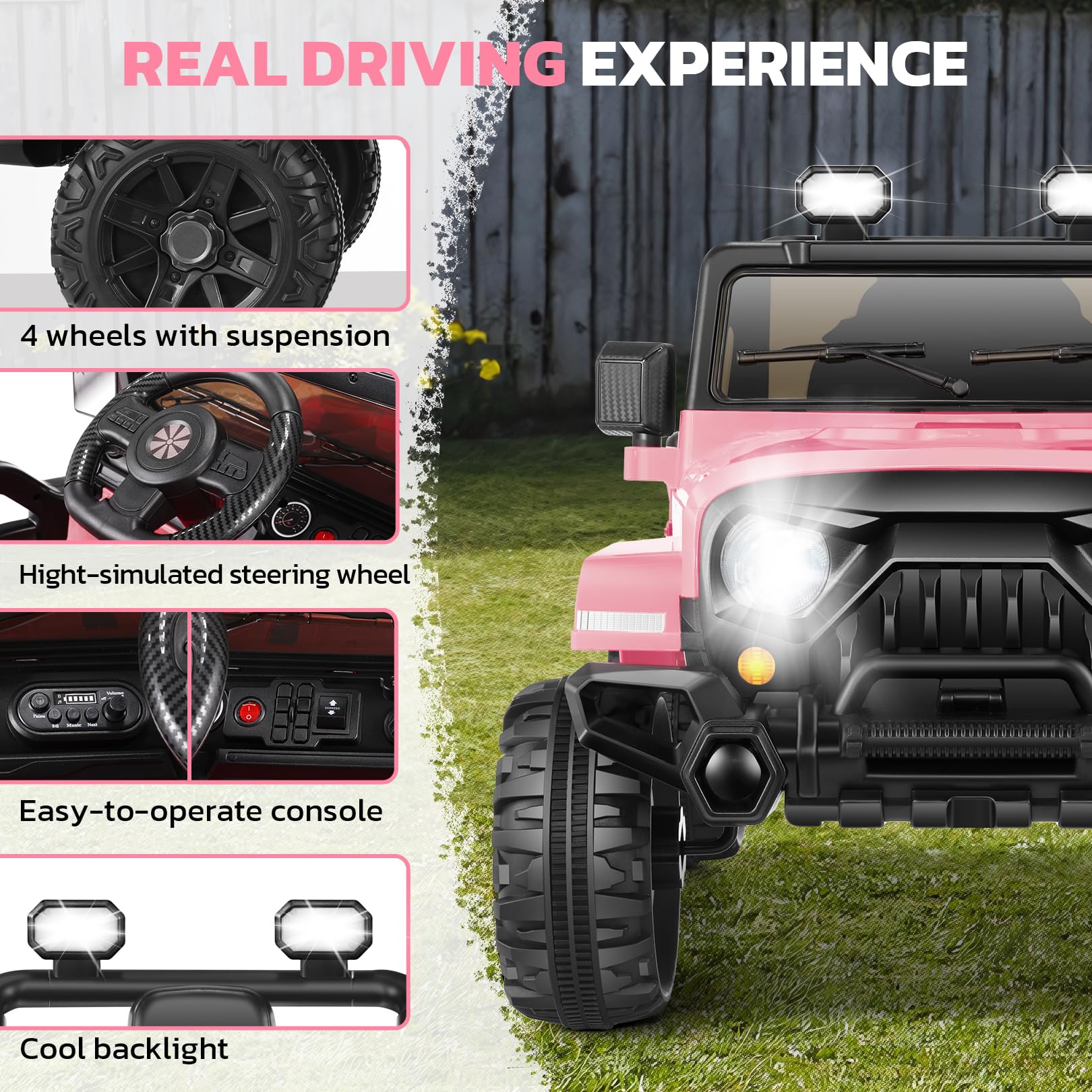 Hikole Pink Kids Ride On Car with Parent Remote Control - 12V Battery Powered Electric Toy Car for Girls with Music Player, LED Lights, Bluetooth, 3 Speed Settings & Spring Suspension - Perfect for Birthday Gifts, Outdoor Play & Indoor Fun