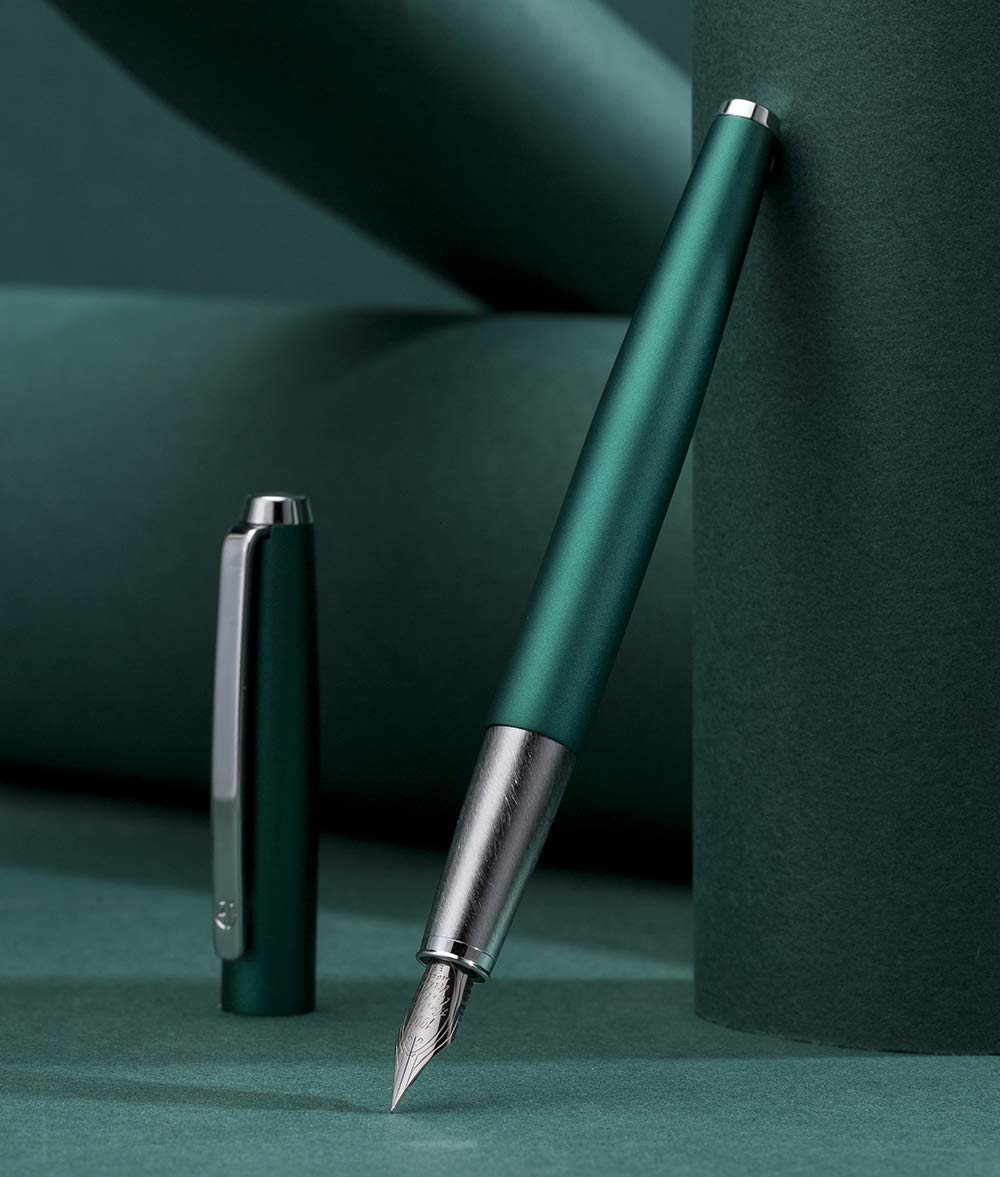 HongDian 525 Green Metal Fountain Pen with Bent Nib - 0.6mm Calligraphy Fude Pen Set Includes Converter & Premium Metal Box | Perfect for Letter Writing, Journaling & Artistic Calligraphy