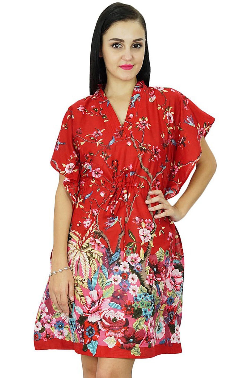 Bimba Women's Floral Kaftan Dress - Lightweight Cotton Beach Cover Up, Short Sleeve Summer Caftan for Pool, Vacation & Boho Style Outfits