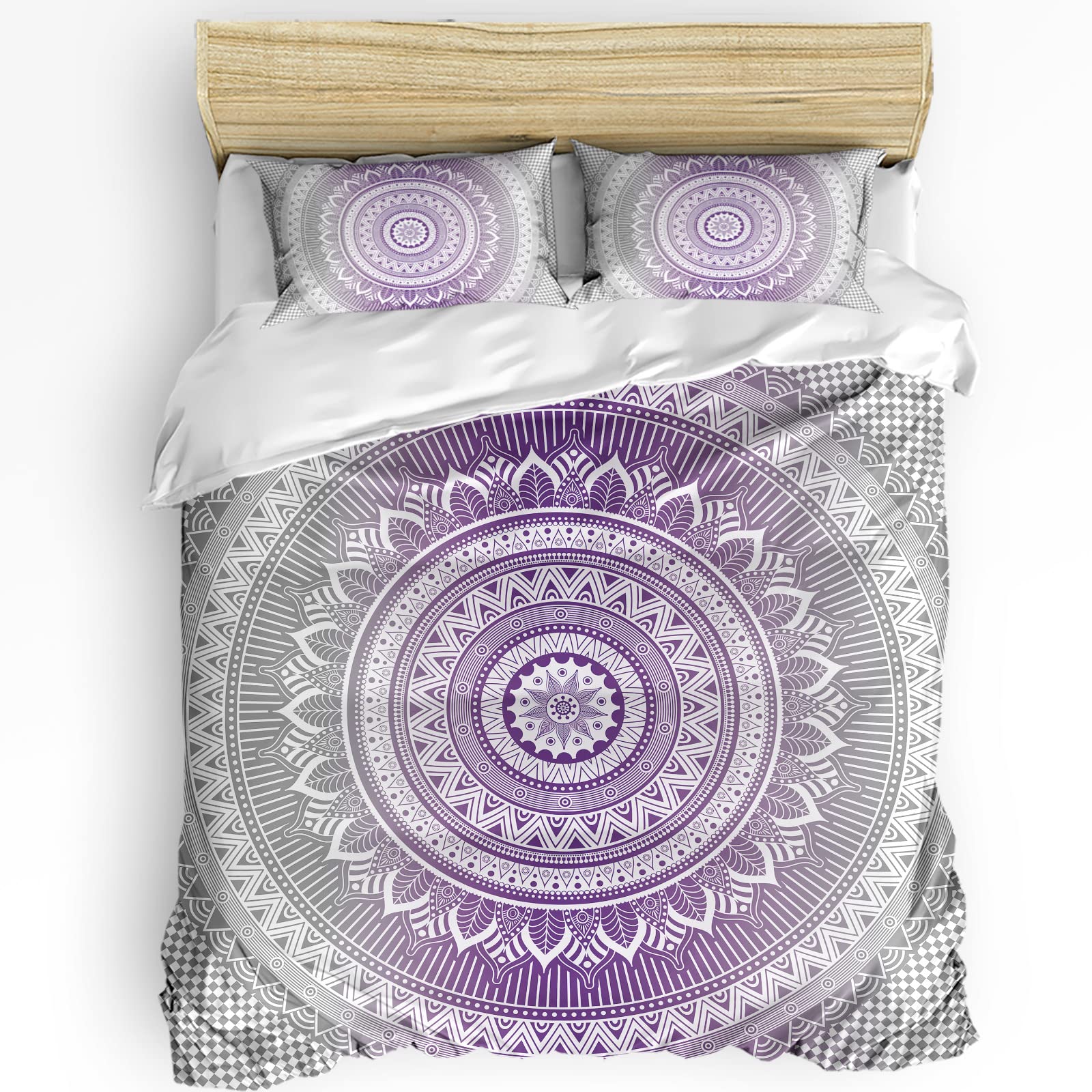 HELLOWINK 3-Piece Bohemian Mandala Duvet Cover Set - Full Size Bedding with 2 Pillow Shams, Lightweight Soft Comforter Cover in Gray & Purple | Perfect for Boho Bedroom Decor, Guest Room Makeover & Cozy Home Styling