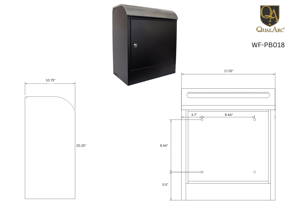 Qualarc WF-PB018 Selma Wall Mount Locking Mailbox - Secure Parcel Delivery Box in Black/Silver | Weatherproof Outdoor Mail Container for Apartments, Homes & Offices