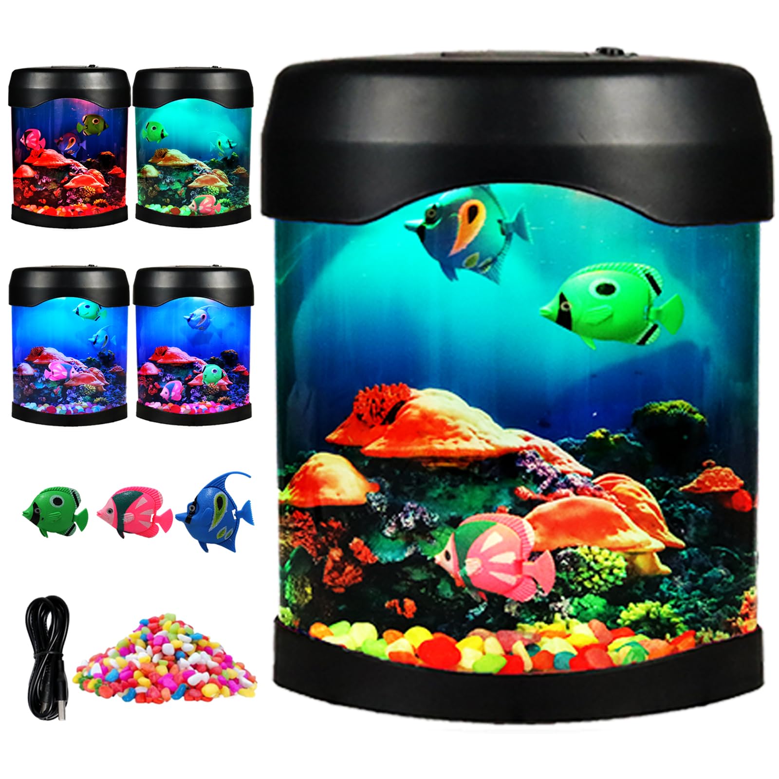 7-Color Changing LED Fish Lamp - Mini Aquarium Tank with 3 Moving Fake Fish, Sensory Night Light for Home Office Desktop Decor | Perfect Gift for Kids & Adults | Relaxing Mood Light for Bedrooms, Nurseries and Workspaces