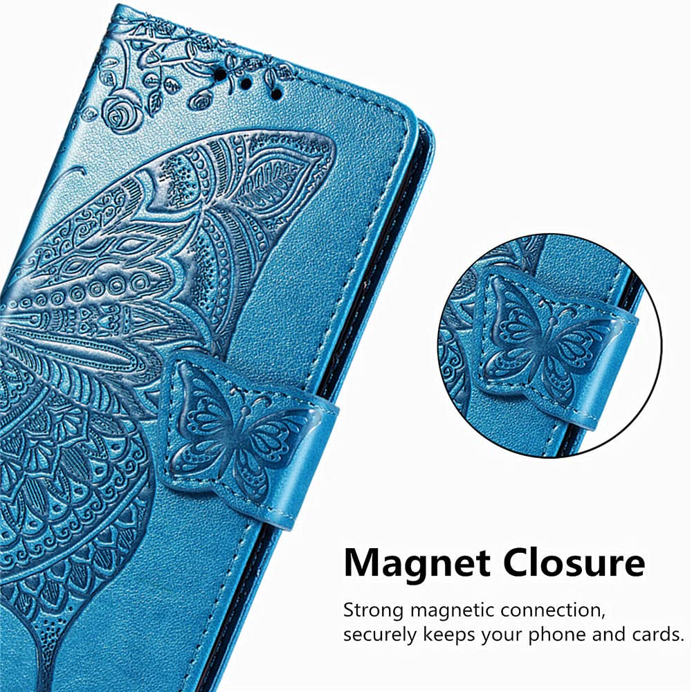 Premium PU Leather Samsung Galaxy S22 Case with Kickstand, Card Slots & Wrist Strap - Elegant Embossed Butterfly Flower Design for Samsung S22 (6.1 inch, A-Blue) | Perfect for Work, Travel & Everyday Protection