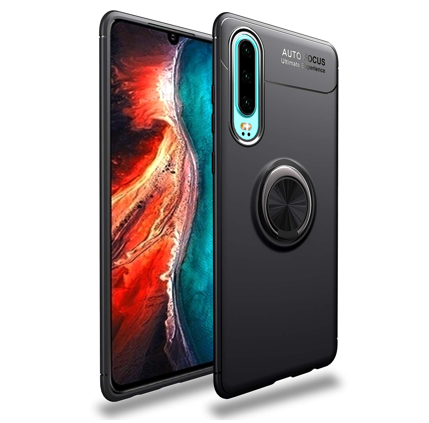 iCoverCase Huawei P30 Phone Case with Rotatable Metal Ring Kickstand & Magnetic Car Mount - Shockproof, Anti-Scratch, Ultra-Slim Protective Cover (Black) - Perfect for Driving, Travel & Daily Protection