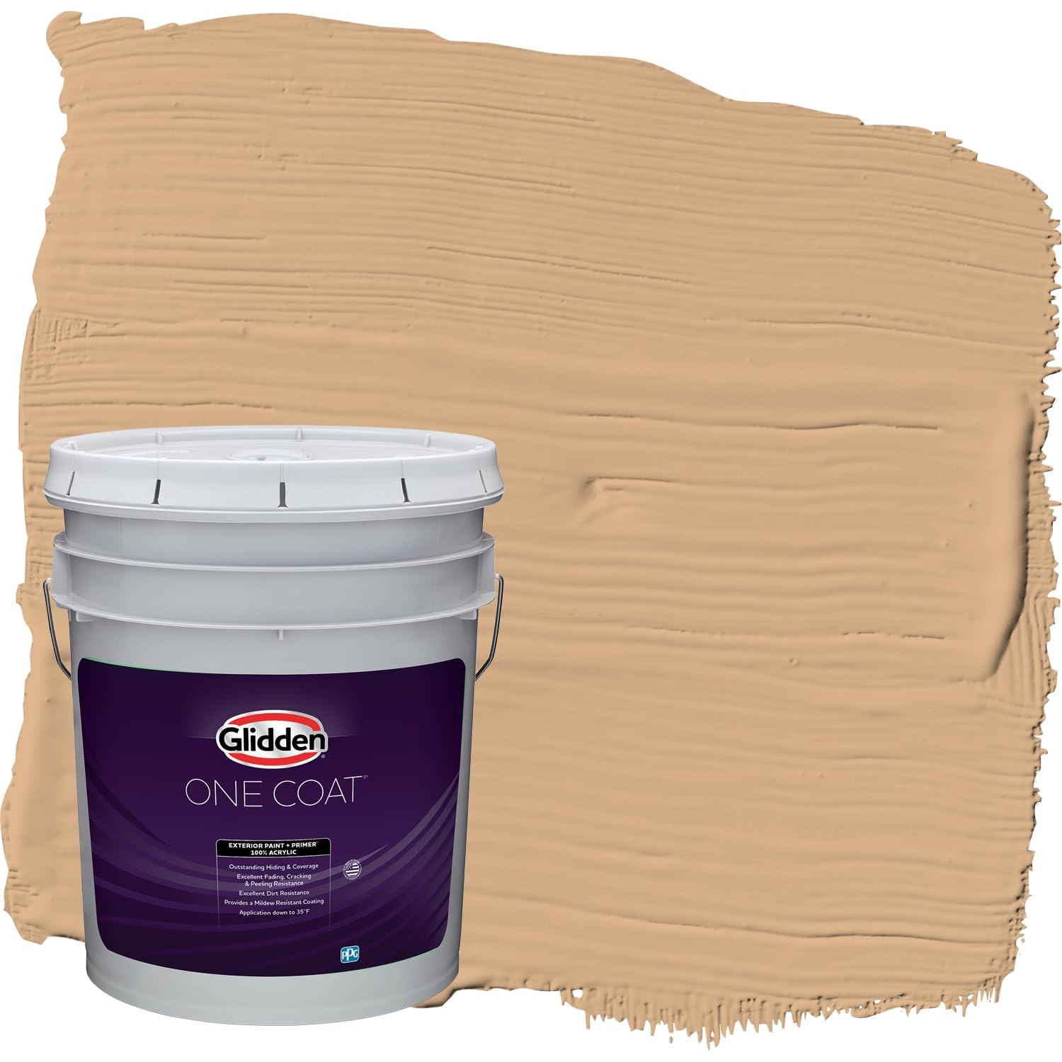 Glidden Exterior Paint and Primer in One - Brown/Cheddar Biscuit Flat Finish, 5-Gallon Bucket, One-Coat Coverage for Outdoor Surfaces - Perfect for Houses, Fences, and Siding