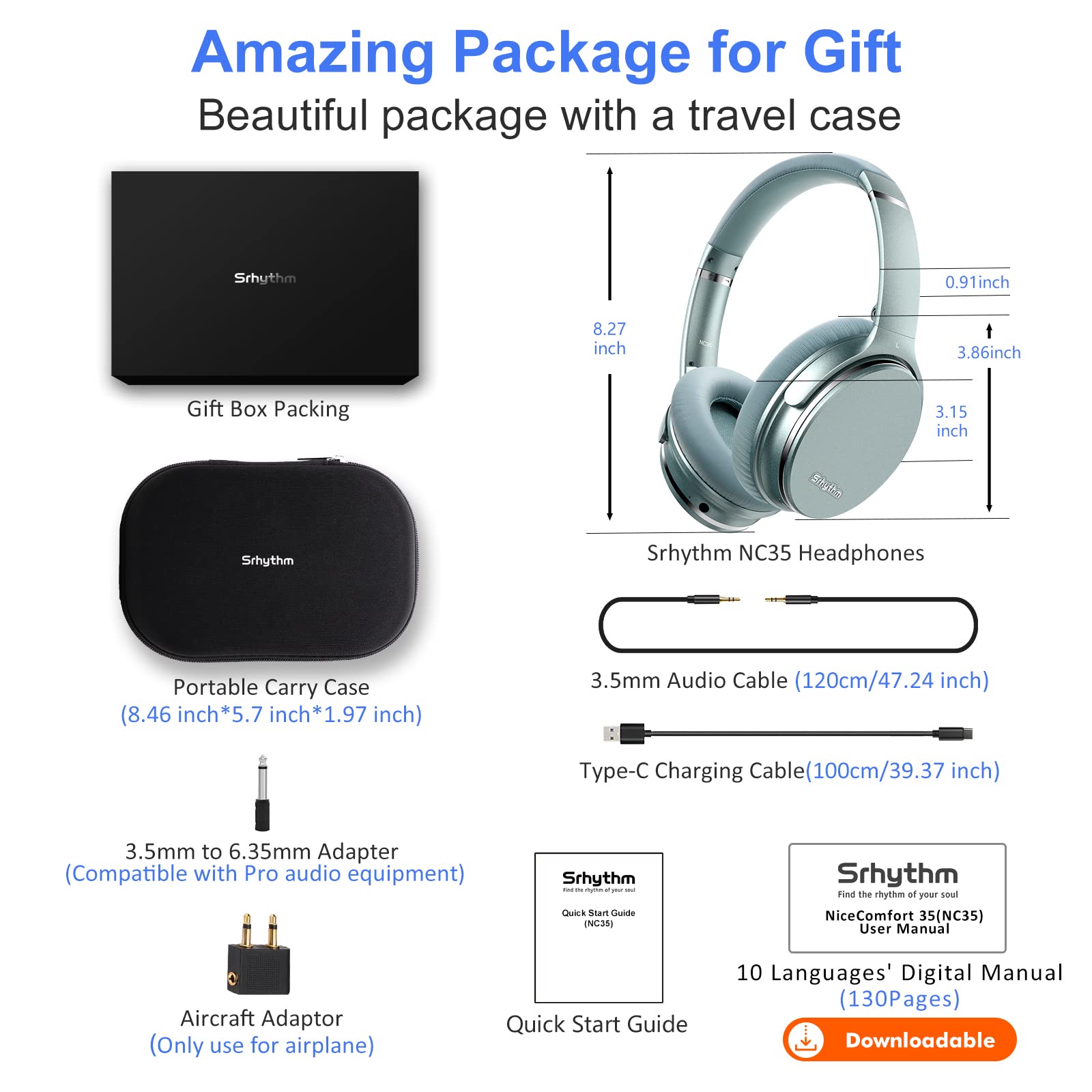 Srhythm NC35 Wireless Bluetooth 5.0 Noise Cancelling Over-Ear Headphones with Fast Charging, Built-in Mic & Mega Bass - 50+ Hours Playtime (Renewed) - Perfect for Travel, Work & Gaming