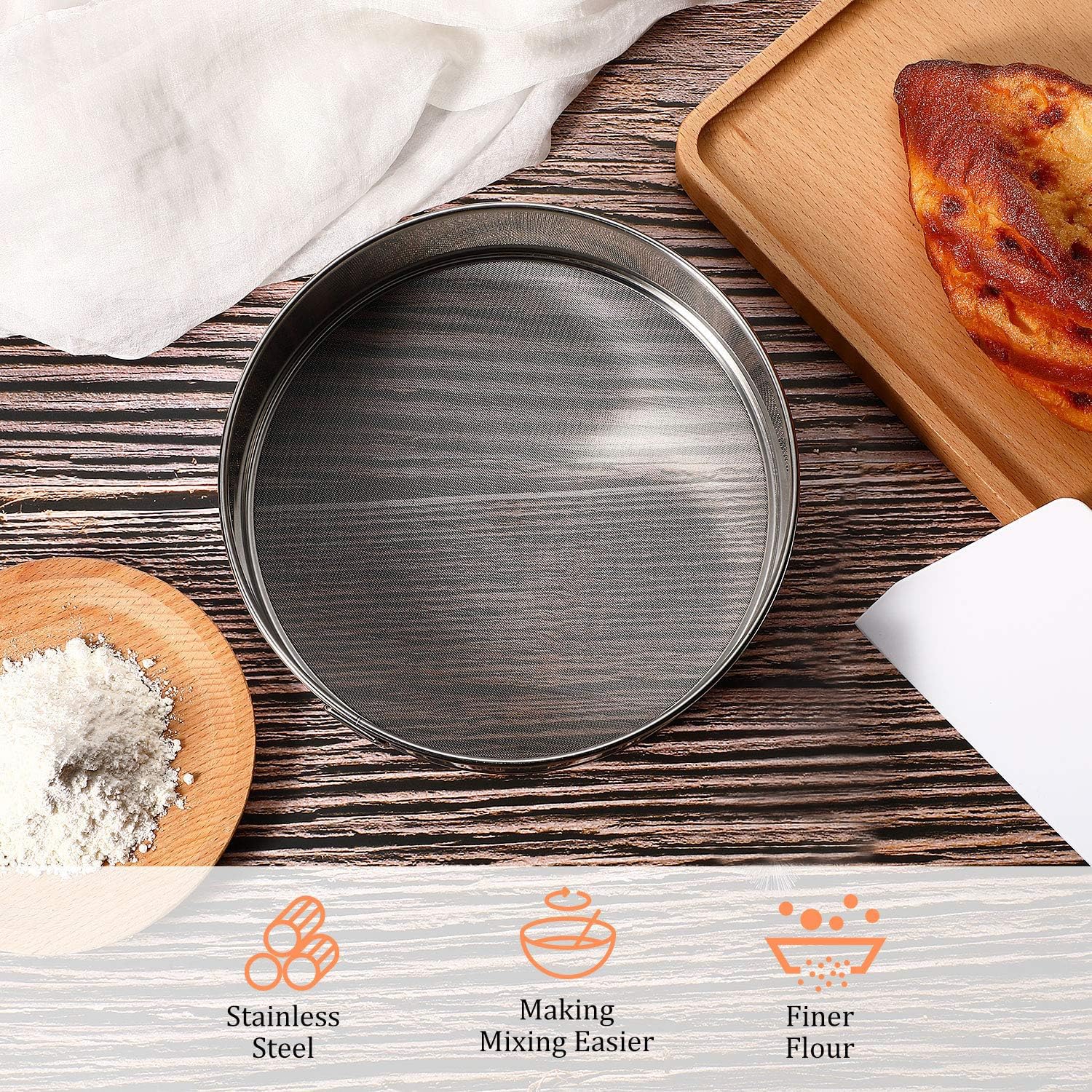 12 Inch Stainless Steel Flour Sifter Tamis - 60 Mesh Fine Sieve for Baking Cakes, Bread & Pastries with Dough Scraper - Perfect Baking Gift for Home Bakers & Cooking Enthusiasts - Ideal for Professional Kitchens & Home Baking