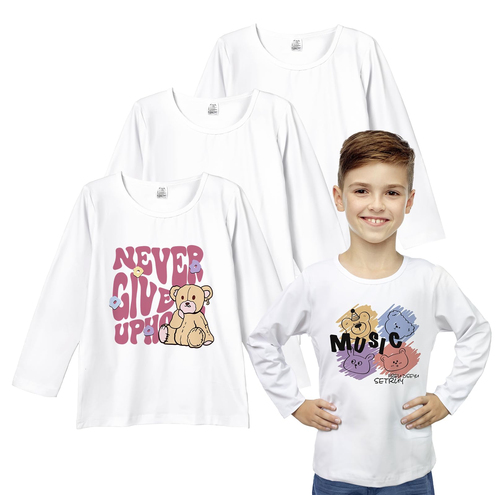 Premium Sublimation T-Shirt Blanks - 3 Pack Long Sleeve Crew Neck Shirts for Kids & Toddlers | Unisex Modal Cotton Tees for Boys & Girls | Perfect for DIY Printing, School Uniforms & Family Matching Outfits