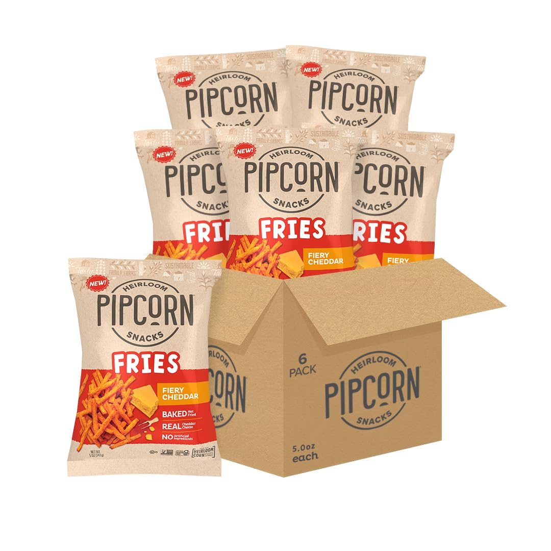 Pipcorn Heirloom Baked Fiery Cheddar Fries - 5oz 6 Pack - Gluten Free, Vegan, Non-GMO Healthy Snacks Made with Upcycled Heirloom Corn Flour | Perfect for Parties, Movie Nights & On-the-Go Snacking