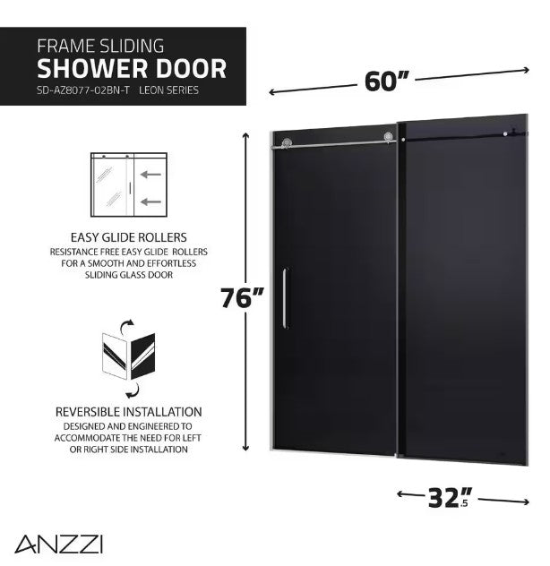Anzzi SD AZ8077 02BNT Frameless Sliding Shower Door - 60