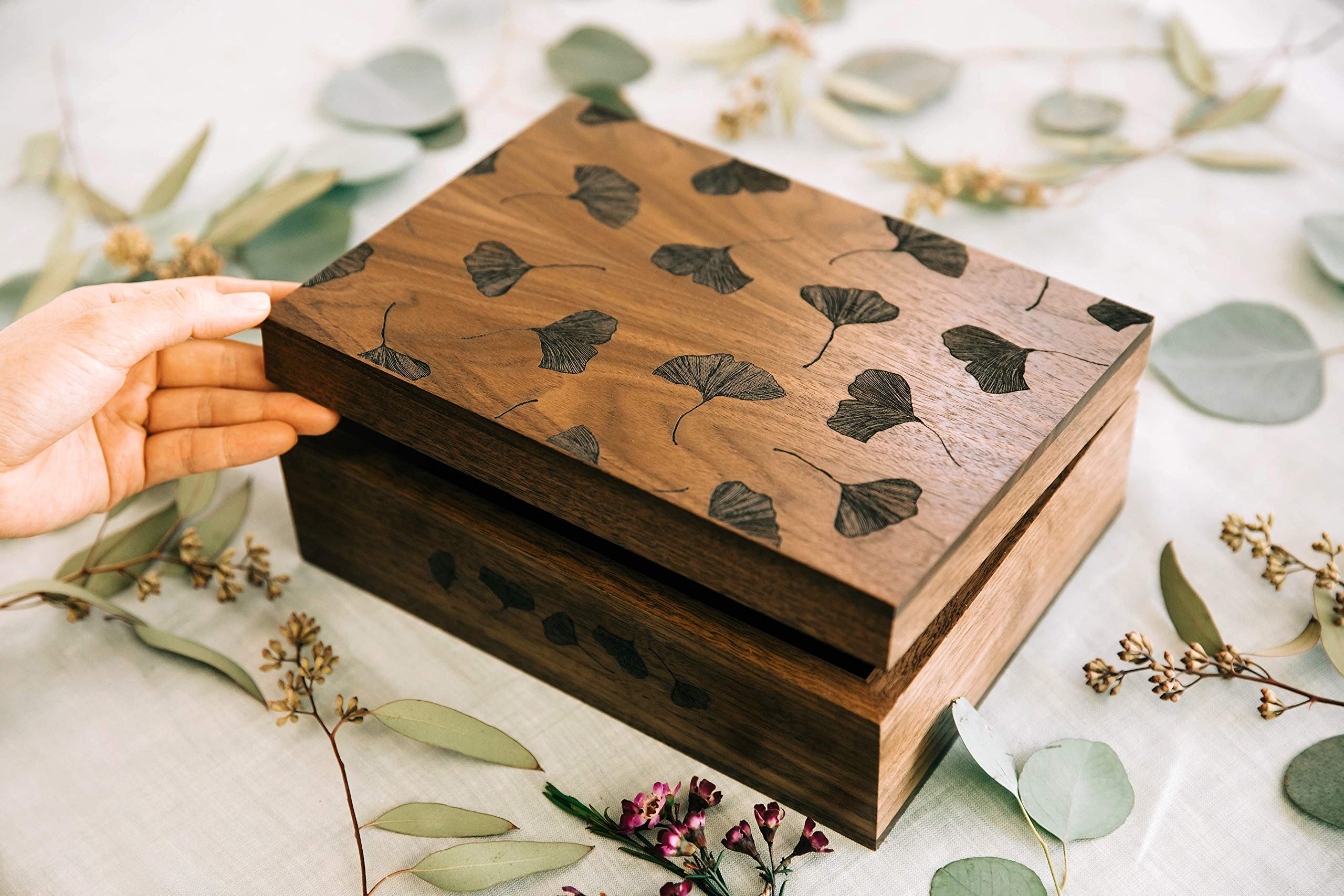 Handcrafted Ginkgo Leaves Wood Keepsake Box - Personalized Engraved Gift for Anniversary, Wedding, Baby Shower & Father's Day | Memory Box for Jewelry, Photos & Keepsakes (Home Decor & Special Occasion Gift Idea)