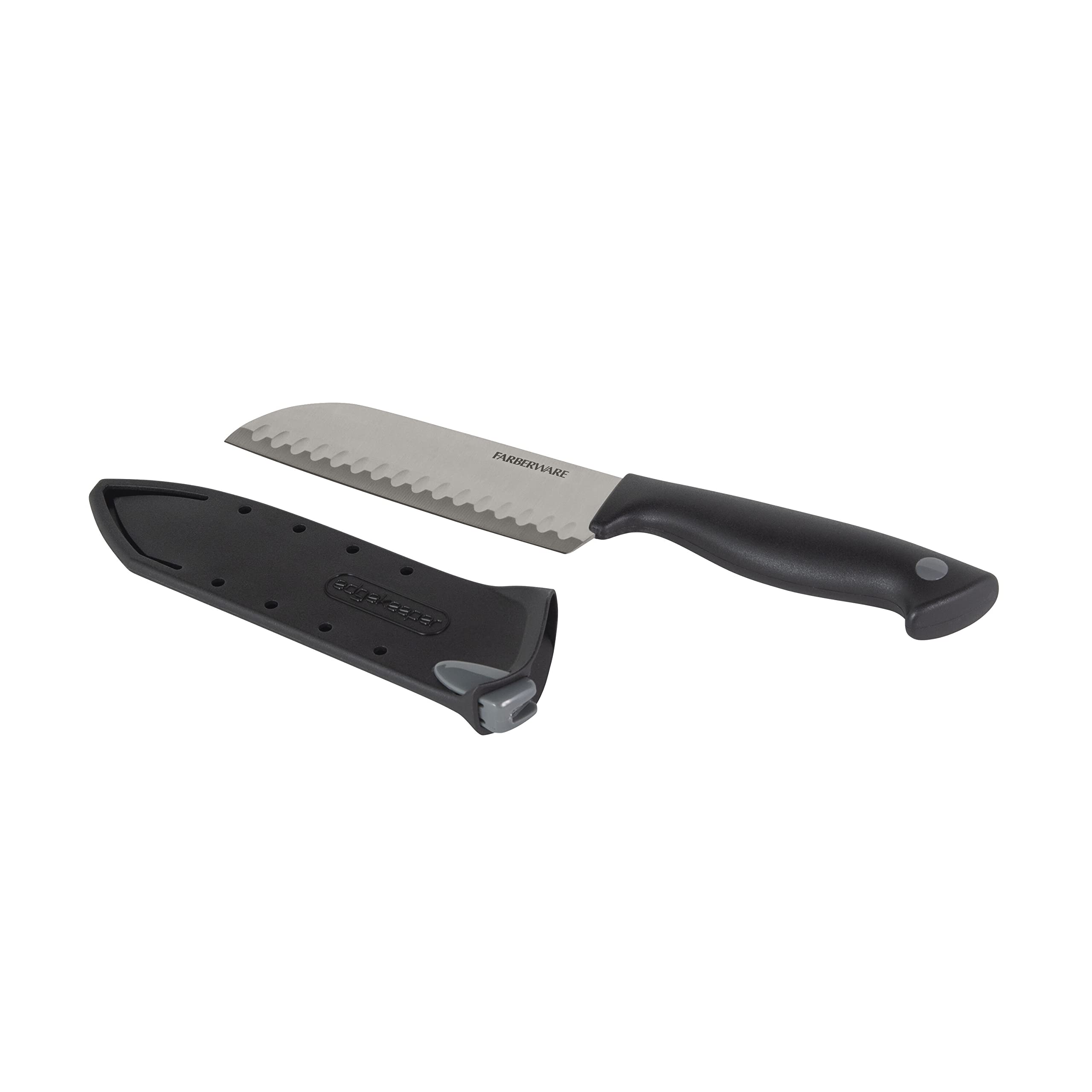 Farberware Edgekeeper 5-Inch Santoku Knife - High Carbon Stainless Steel Kitchen Knife with Self-Sharpening Blade Cover & Ergonomic Handle - Razor Sharp Black Knife for Slicing, Dicing, and Chopping Vegetables, Fruits, and Meat