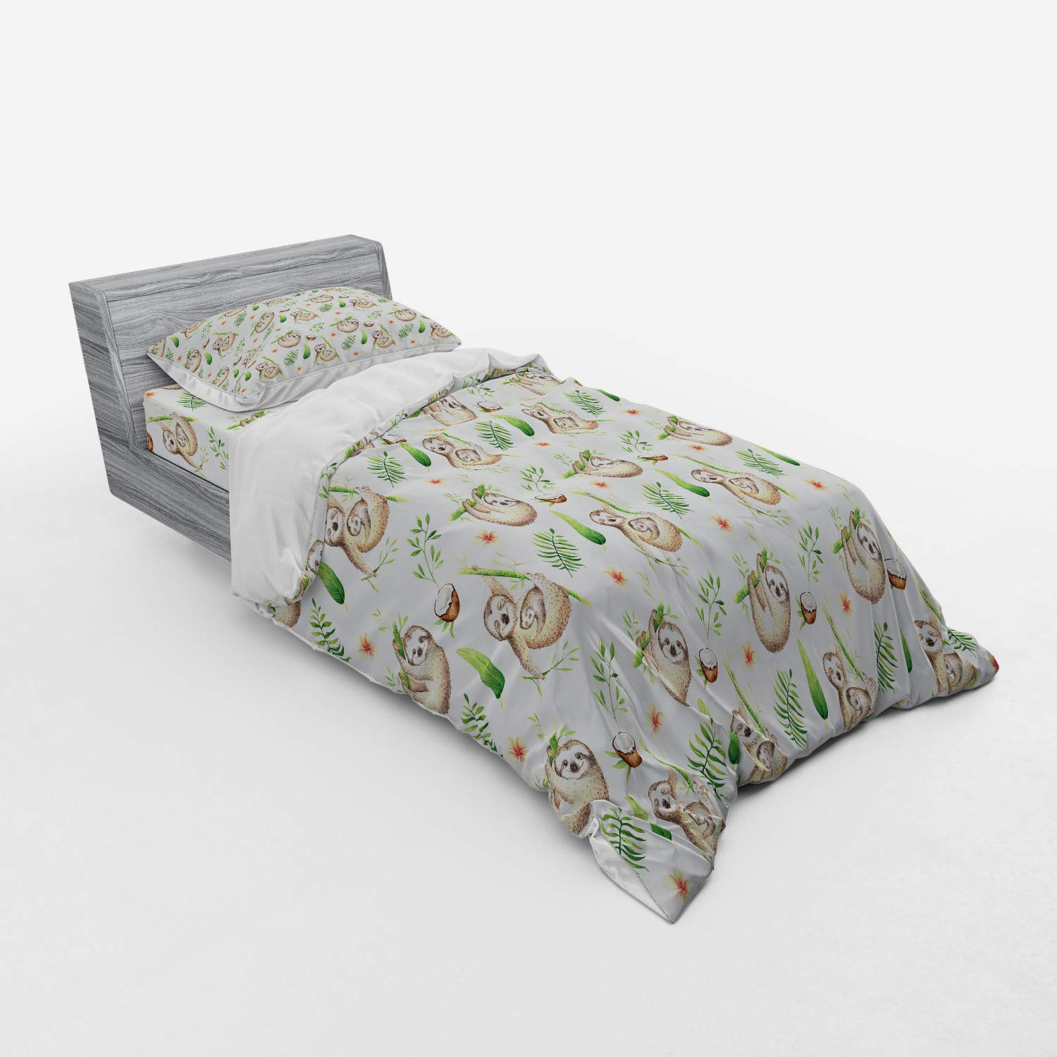 Ambesonne Sloth Duvet Cover Set - 3 Piece Twin Size Bedding with Sham & Fitted Sheet, Soft Floral Coconut Tree Leaves Design in Pale Brown Green - Perfect for Kids' Rooms, Nursery Decor or Sloth Lovers' Bedroom