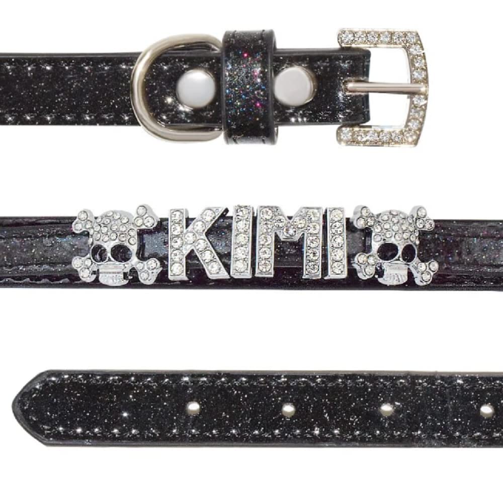 Custom Rhinestone Name Dog Collar with Diamond Charms - Adjustable Leather Pet Collar for Small Medium Large Dogs (X-Small, Black) - Perfect for Puppy Training, Daily Walks & Special Occasions