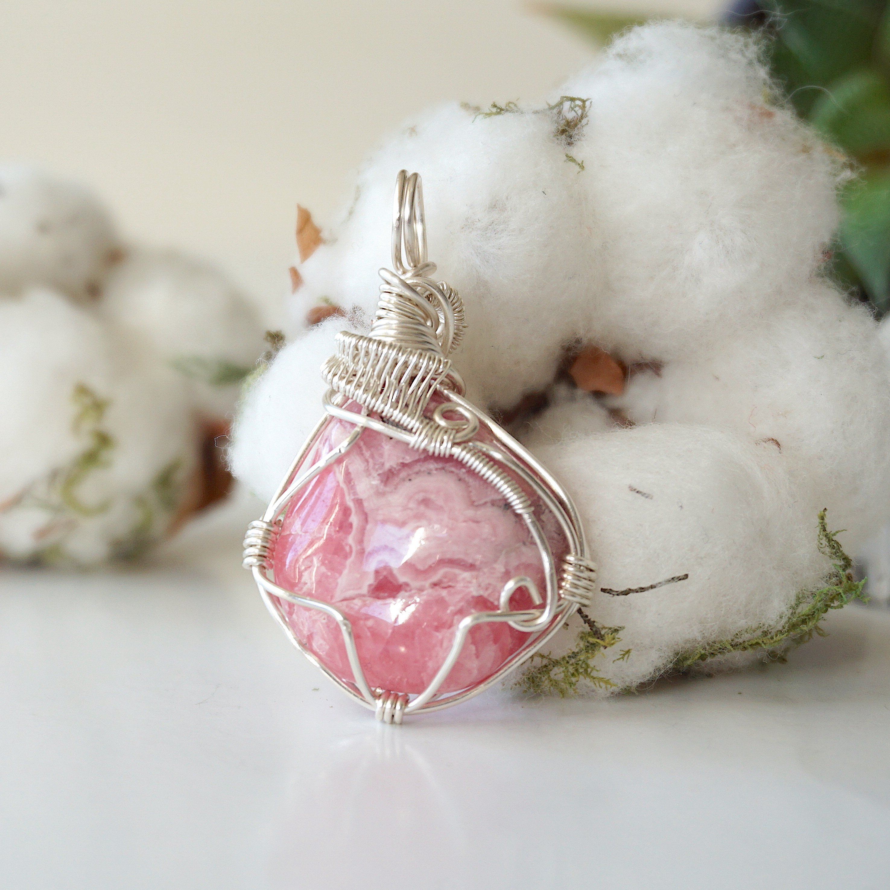 Rhodochrosite Pendant Necklace in Bright Silver - Elegant Jewelry for Women, Gift for Valentine's Day, Birthday & Special Occasions