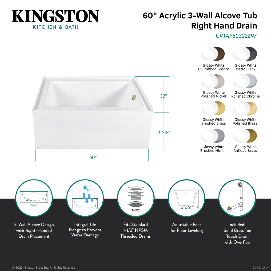 Aqua Eden 60 Inch Acrylic Rectangular 3-Wall Alcove Bathtub - Right Hand Drain, Glossy White with Brushed Nickel Finish | Perfect for Modern Bathroom Renovations and Spa-Like Retreats