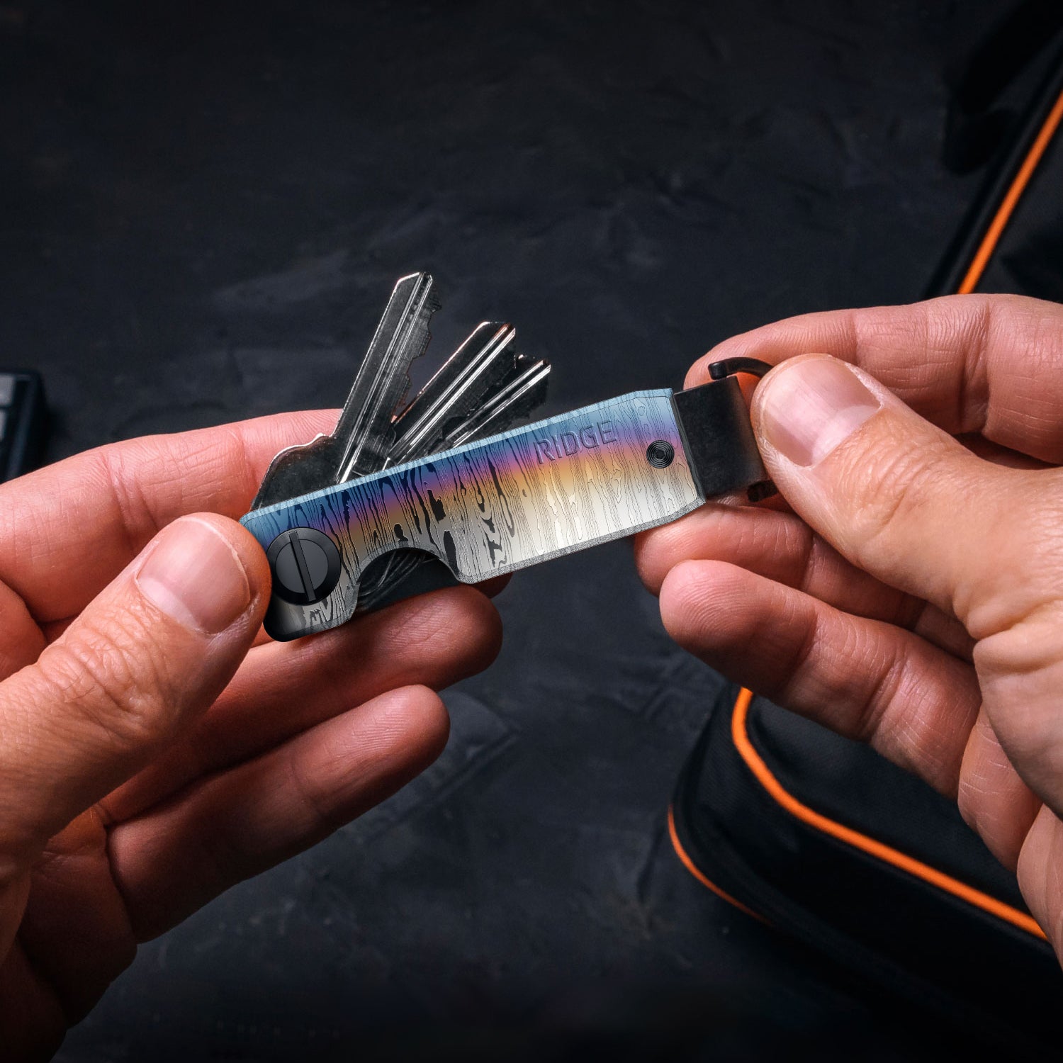 Premium Ridge KeyCase - Burnt Damascus Titanium Key Holder for Men & Women - Perfect for Everyday Carry, Travel & Outdoor Adventures