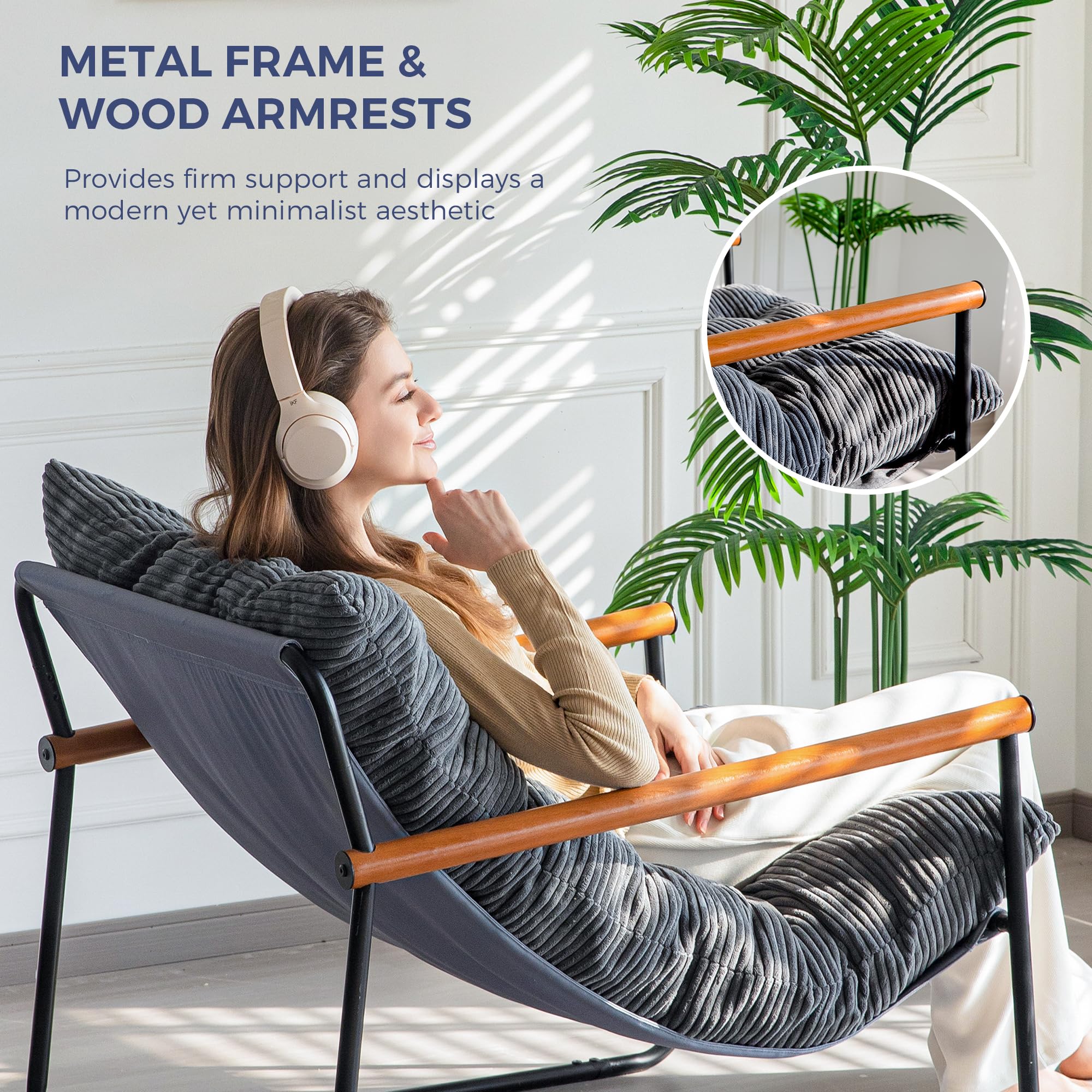 MAXYOYO Modern Accent Chair - Corduroy Upholstered Armchair with Soft Cushion in Dark Grey | Comfortable Lounge Chair for Living Room, Bedroom & Office